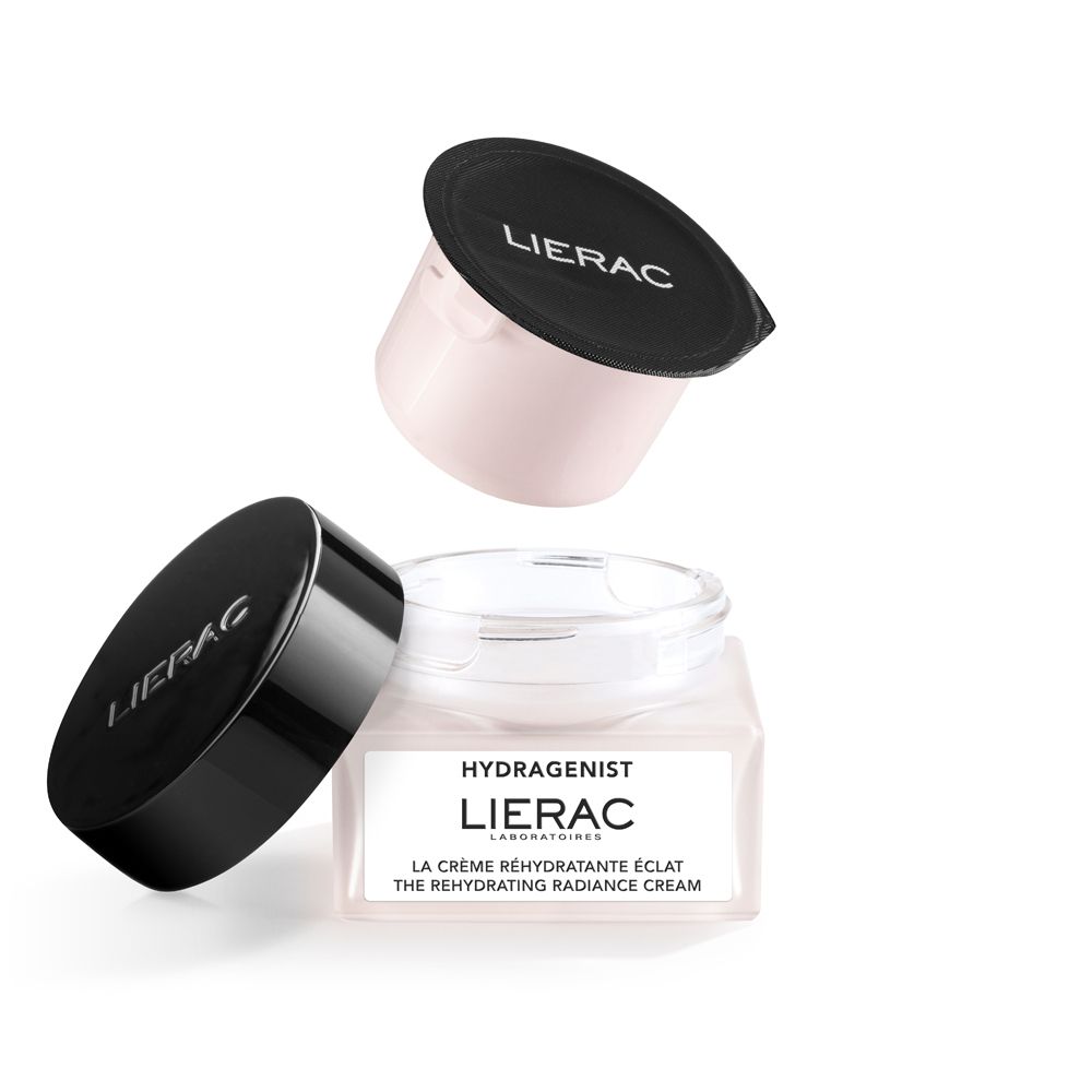 Vaso di crema con coperchio e capsula separata. Scritta Lierac, Hydragenist. Crema rosa visibile.