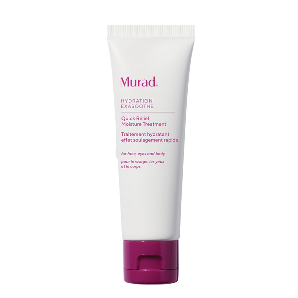 Weiße Tube mit lila Verschluss. Aufschrift: Murad, Hydration Exasoothe, Quick Relief Moisture Treatment.