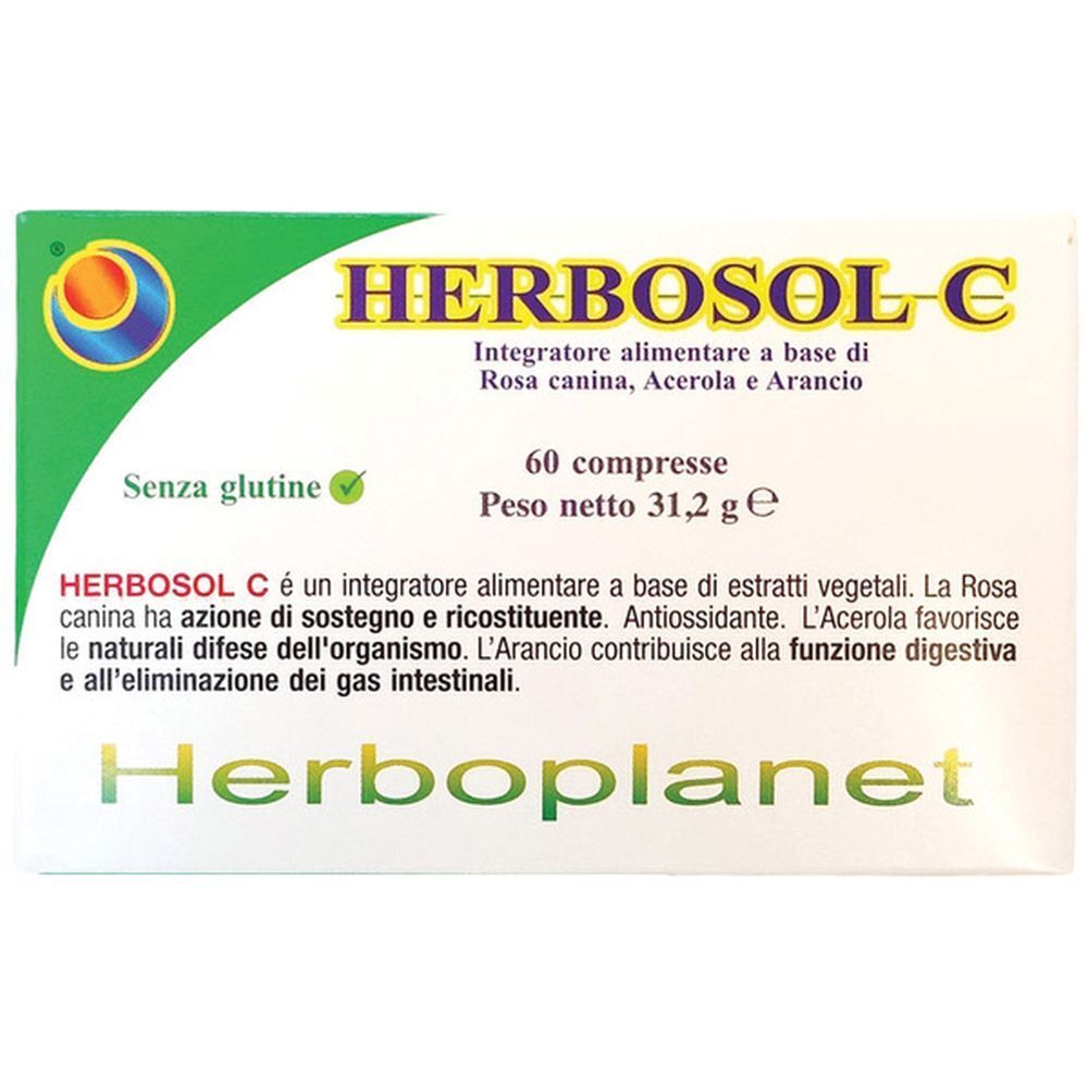 Scatola di Herbosol C 60 compresse. Design verde e bianco. Testo: Herbosol C, 60 compresse, senza glutine. Marchio: Herboplanet.