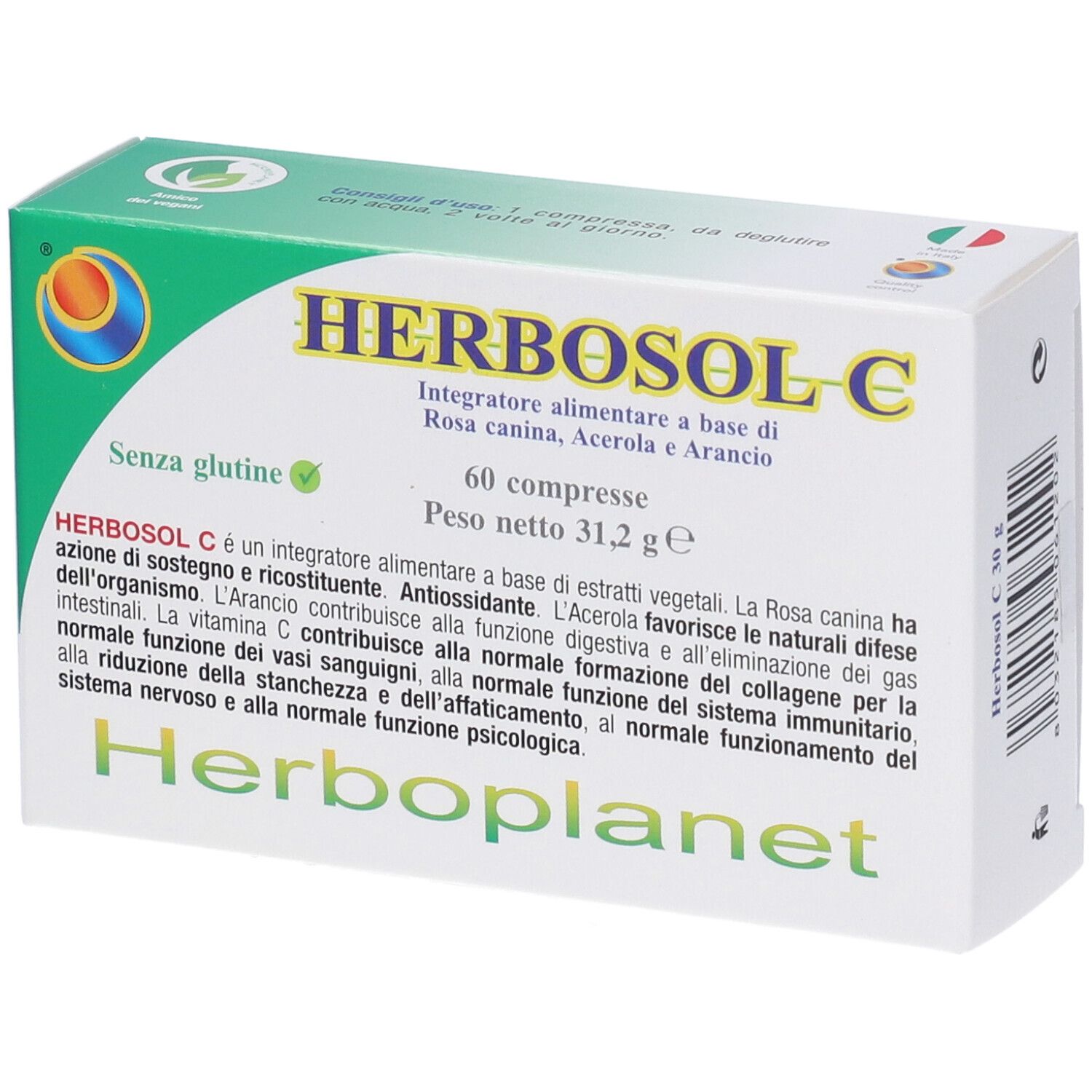 Scatola Herbosol C 60 compresse. Design verde e bianco. Testo: Herbosol C, 60 compresse, senza glutine. Marchio: Herboplanet. Vista prospettica.