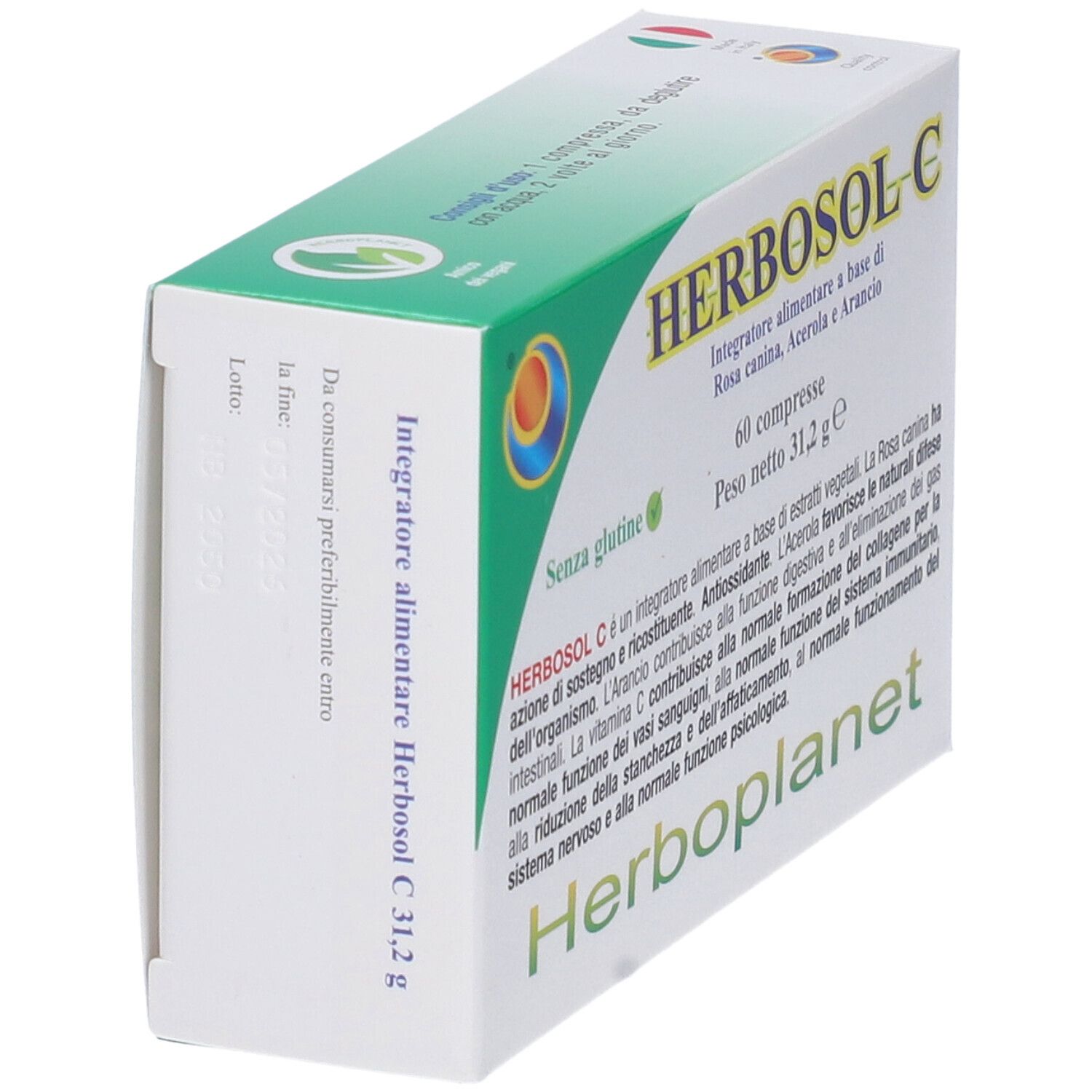 Scatola Herbosol C 60 compresse. Design verde e bianco. Testo: Herbosol C, 60 compresse, senza glutine. Marchio: Herboplanet. Vista prospettica.
