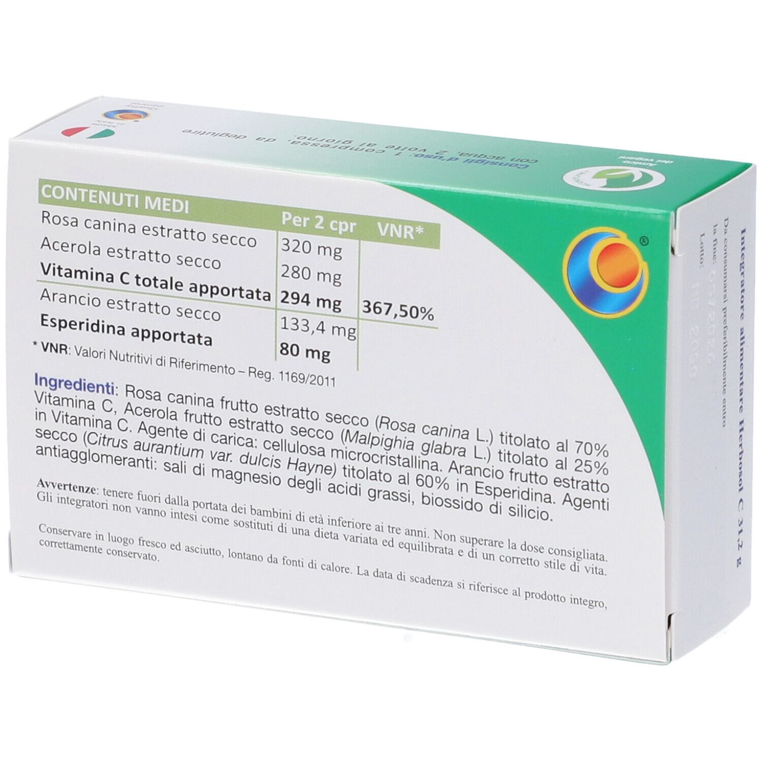 Scatola Herbosol C 60 compresse. Design verde e bianco. Testo: Herbosol C, 60 compresse, senza glutine. Marchio: Herboplanet. Vista prospettica.