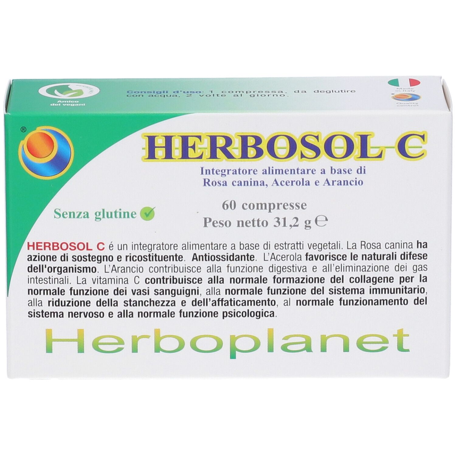 Retro della scatola Herbosol C 60 compresse. Design verde e bianco. Ingredienti e informazioni nutrizionali. Marchio: Herboplanet. Vista prospettica.