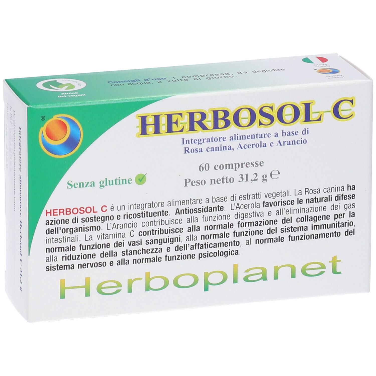 Scatola Herbosol C 60 compresse. Design verde e bianco. Testo: Herbosol C, 60 compresse, senza glutine. Marchio: Herboplanet.