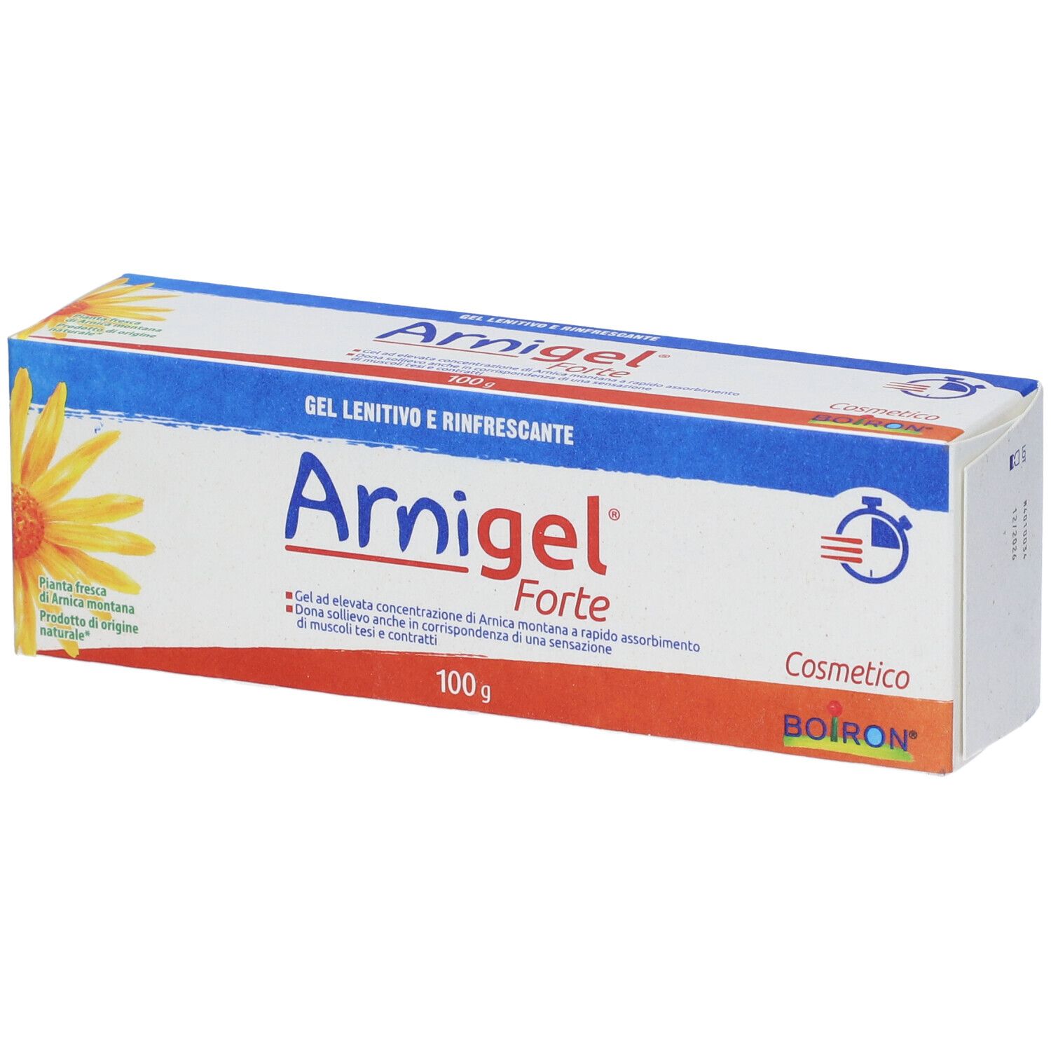 Scatola Arnigel Forte, 100g. Confezione blu e bianca con fiore giallo. Marchio Boiron. Testo in italiano.