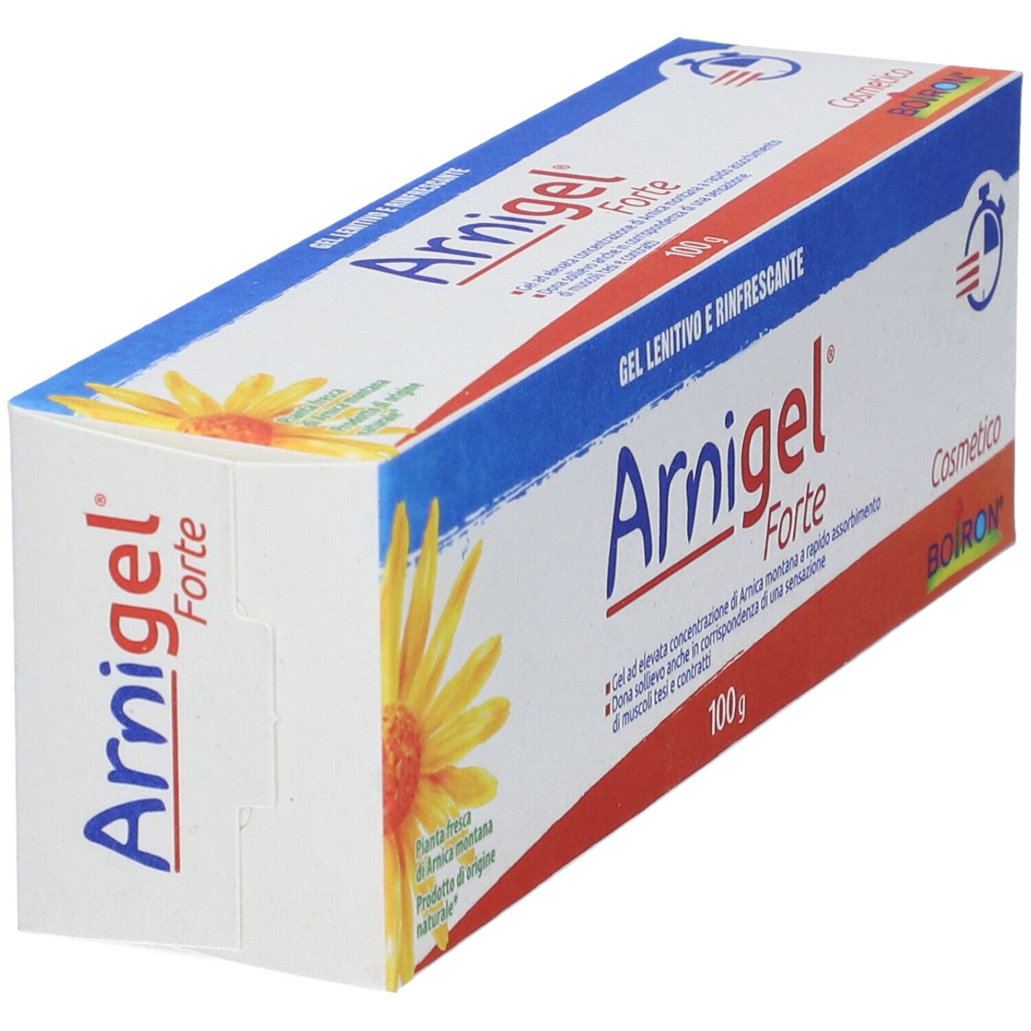 Scatola Arnigel Forte, 100g. Confezione blu e bianca con fiore giallo. Marchio Boiron. Vista prospettica.