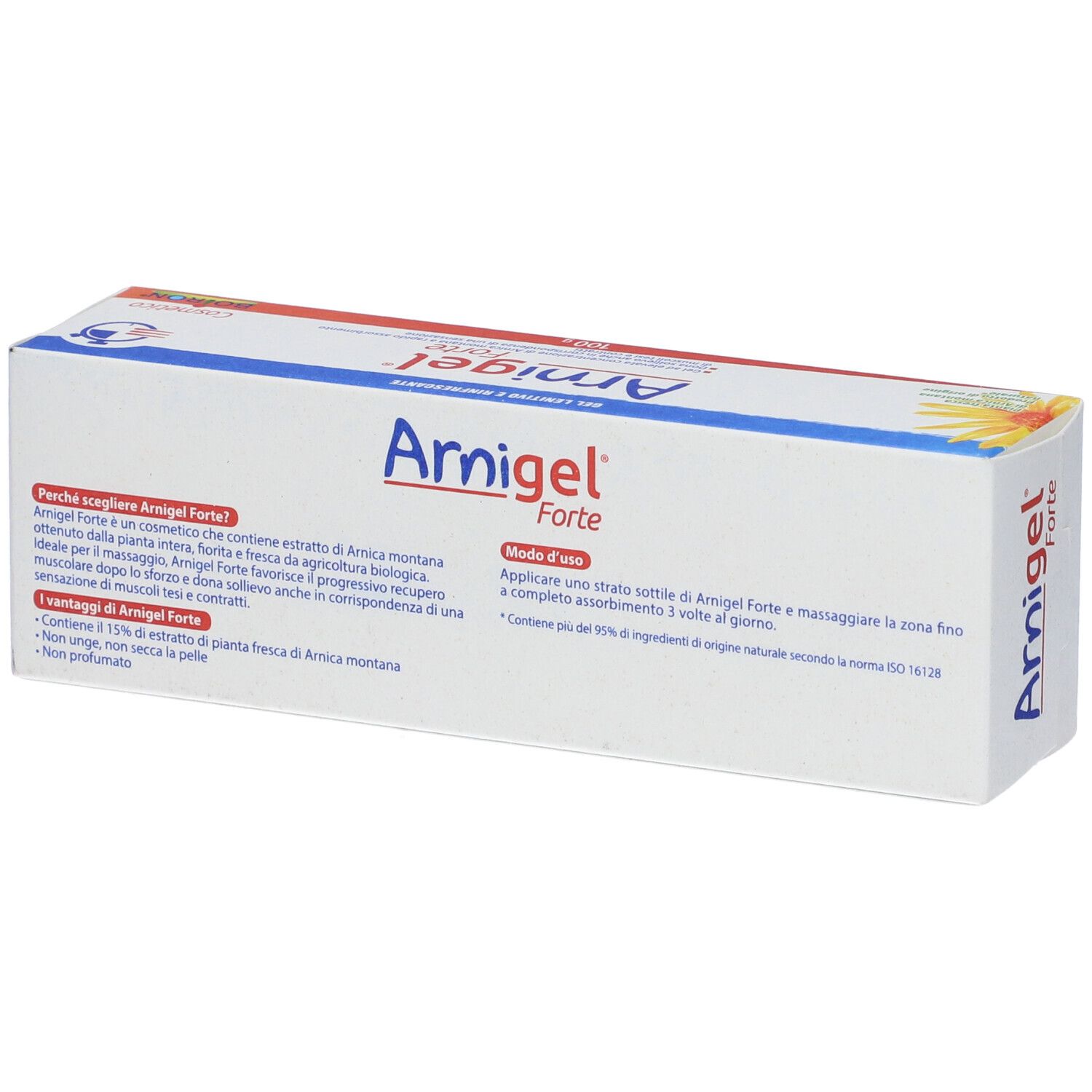 Scatola Arnigel Forte. Confezione blu e bianca. Testo in italiano. Marchio Boiron. Vista posteriore.