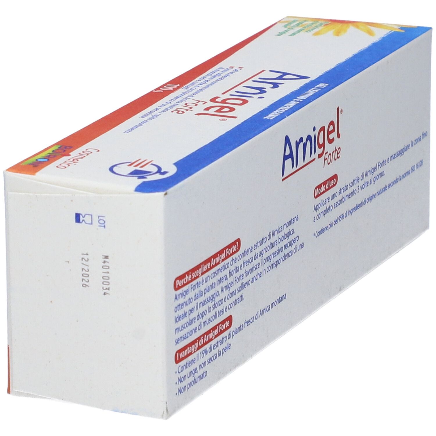 Scatola Arnigel Forte. Confezione blu e bianca. Testo in italiano. Marchio Boiron. Vista prospettica.