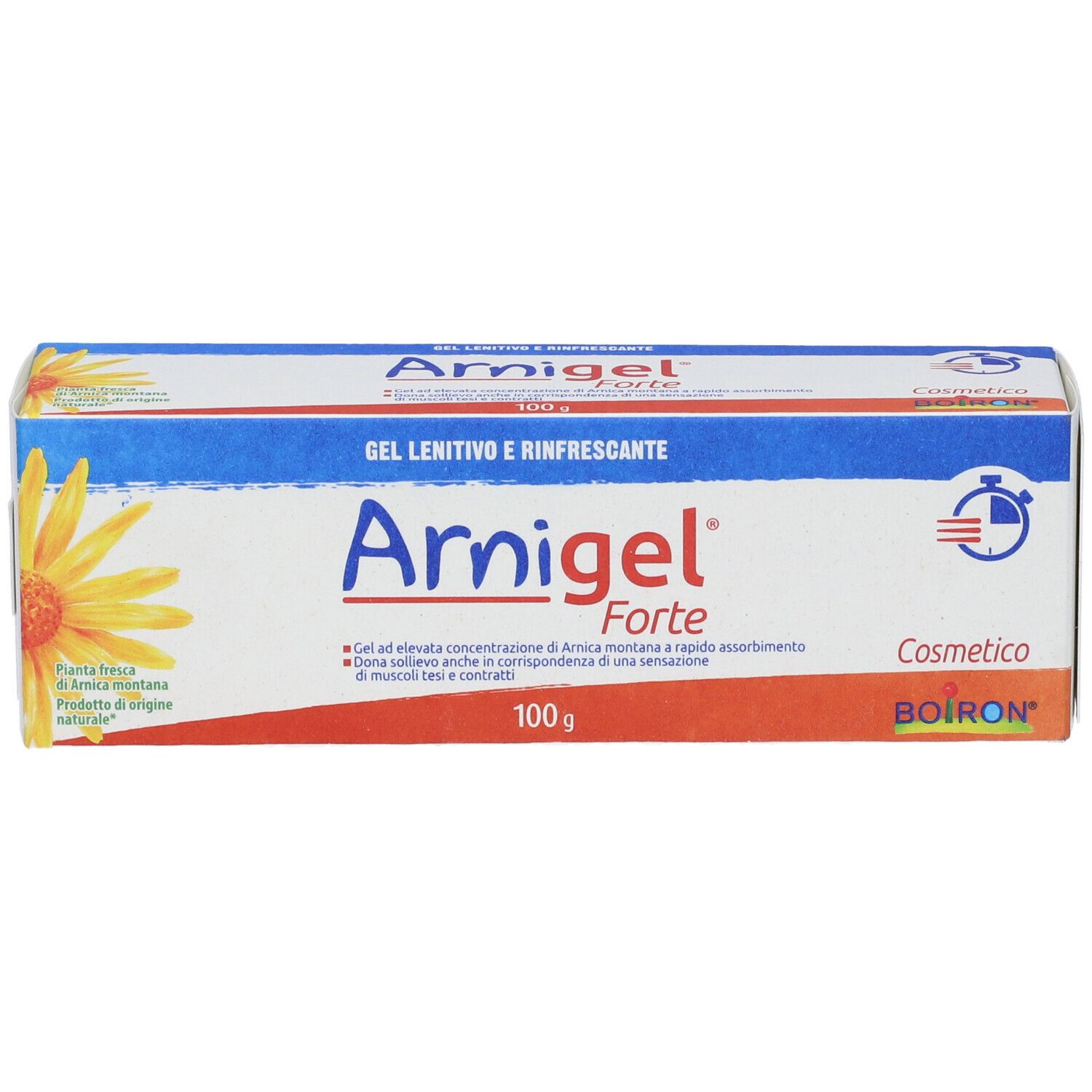 Scatola Arnigel Forte, 100g. Confezione blu e bianca con fiore giallo. Marchio Boiron. Vista frontale.