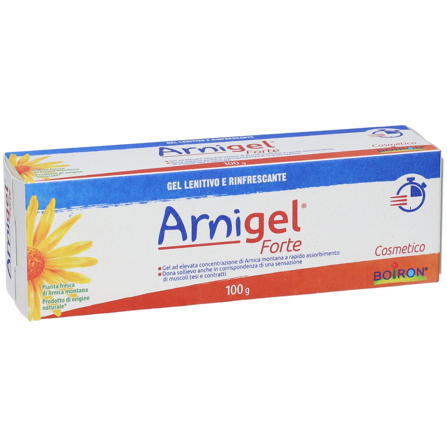 Scatola Arnigel Forte, 100g. Confezione blu e bianca con fiore giallo. Marchio Boiron. Vista frontale.