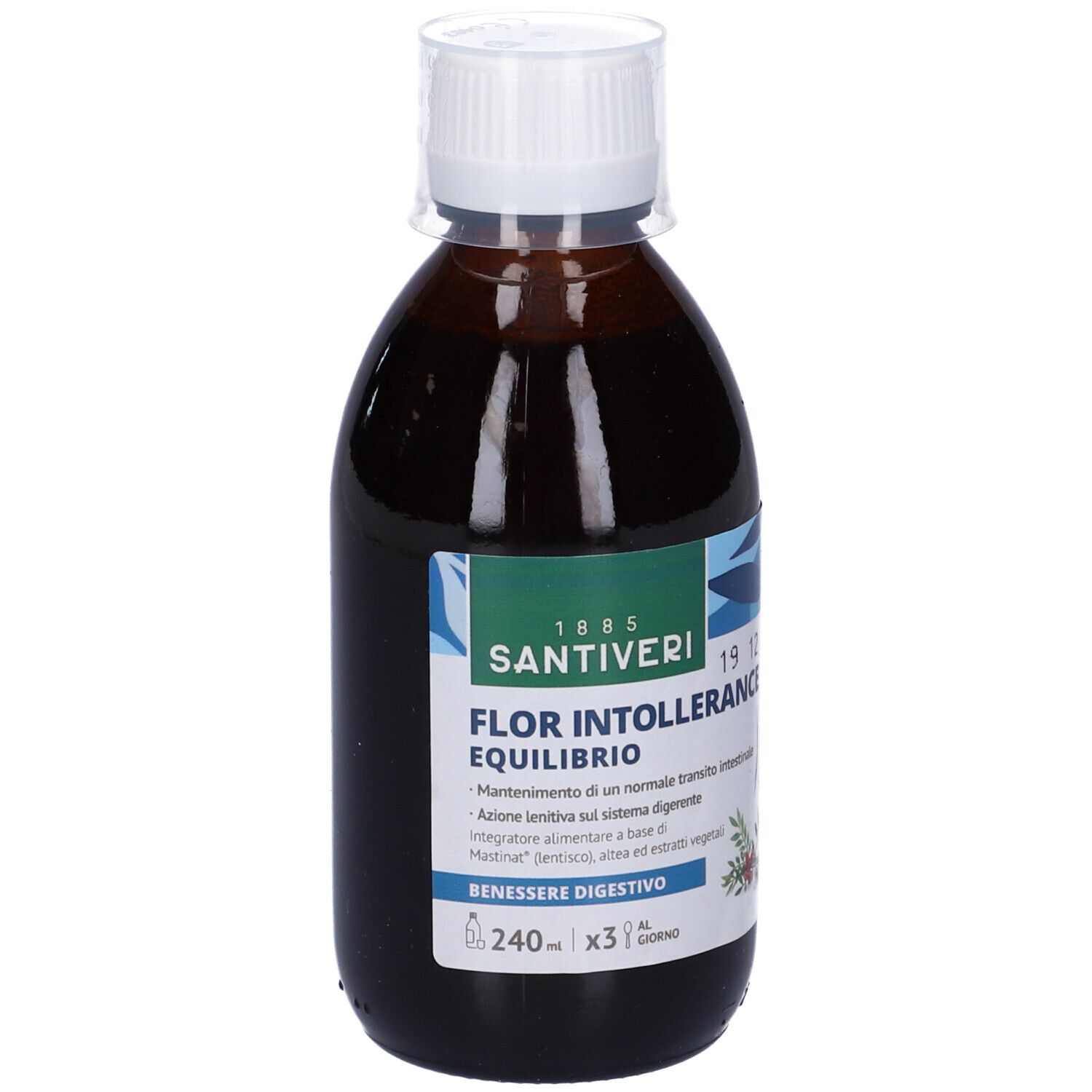 Bottiglia di vetro marrone con tappo bianco. Etichetta con nome del prodotto e testo. Marchio Santiveri. Scritta: Flor Intollerance Equilibrio.