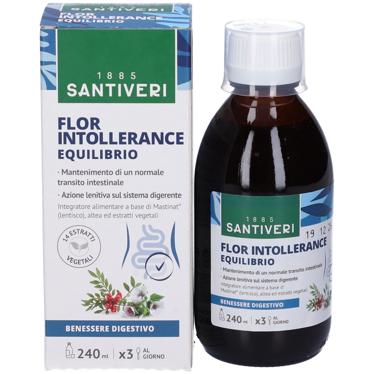 Confezione e bottiglia. Scritta: Flor Intollerance Equilibrio. Marchio Santiveri. Bottiglia: vetro marrone, tappo bianco.