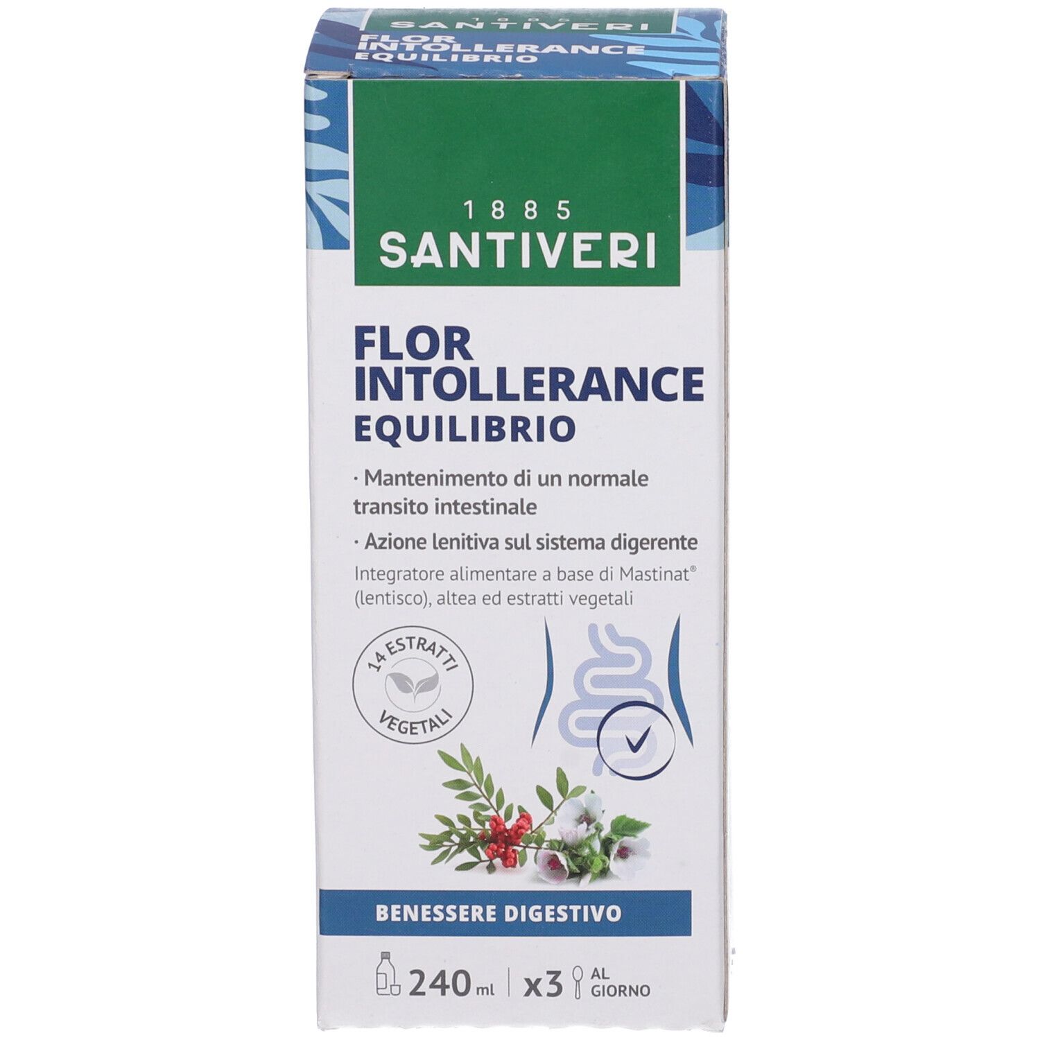 Confezione del prodotto. Scritta: Flor Intollerance Equilibrio. Marchio Santiveri. Testo e illustrazioni. Forma rettangolare.