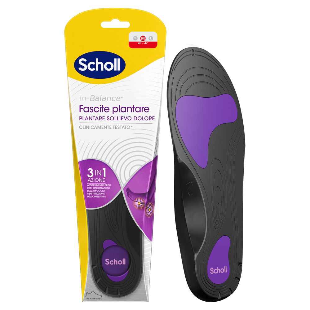 Soletta nera con accenti viola. Confezione con nome e marchio del prodotto. Taglia M.