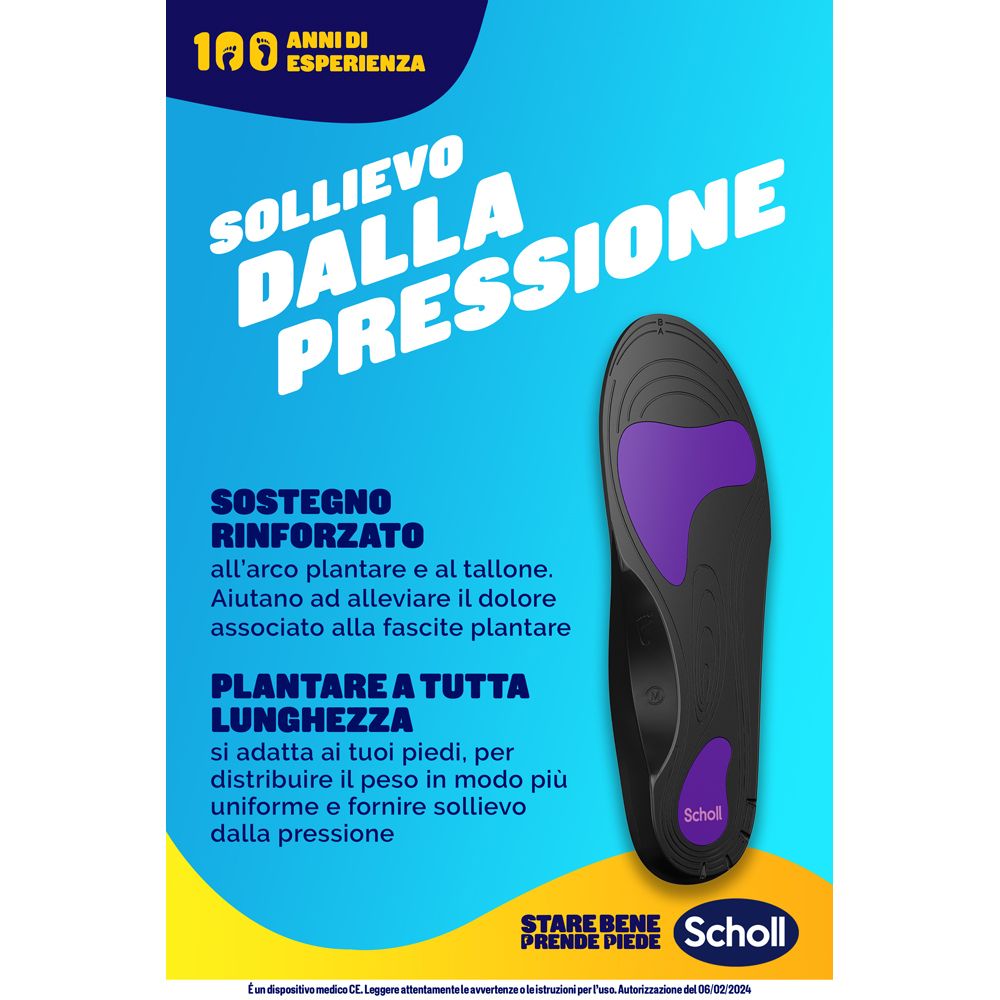 Soletta con accenti viola. Testo: Sollievo dalla pressione. Marchio Scholl.