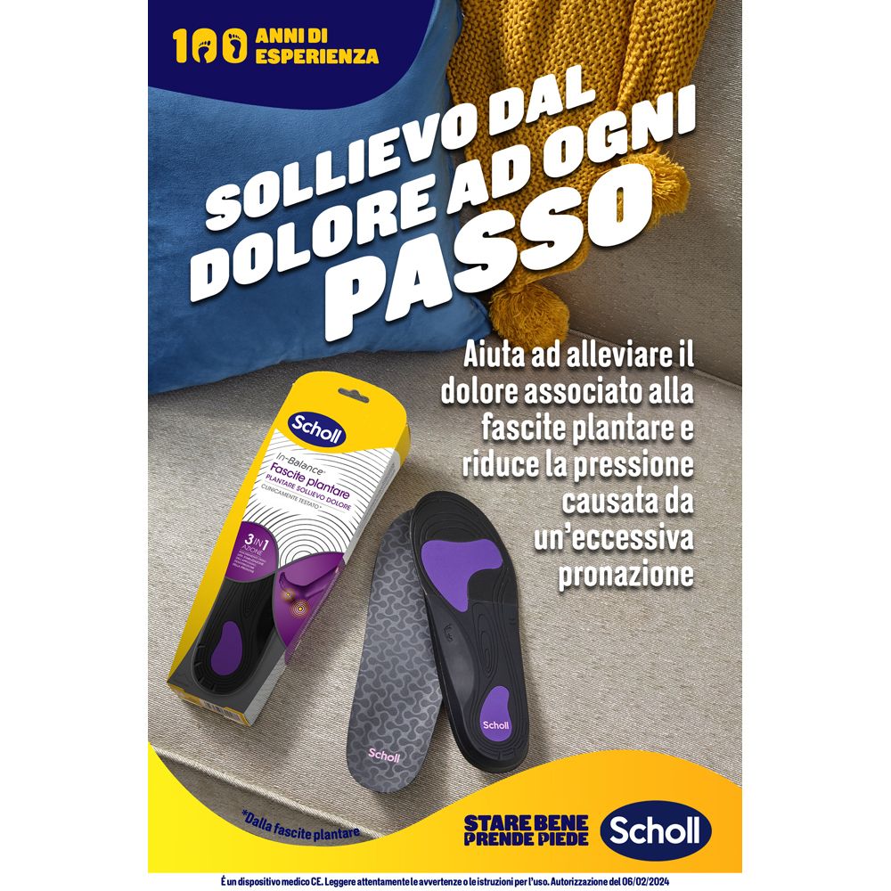 Confezione e solette. Testo: Sollievo dal dolore ad ogni passo. Marchio Scholl.