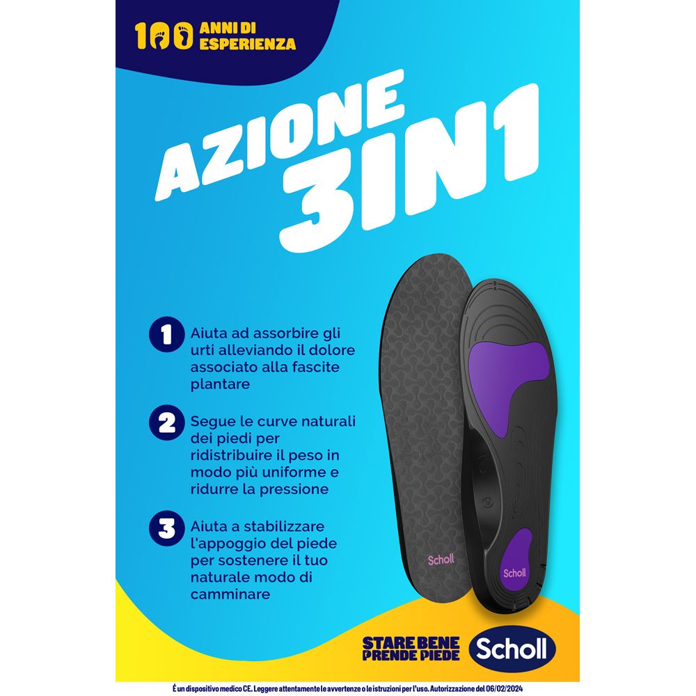 Solette con testo: Azione 3in1. Marchio Scholl.