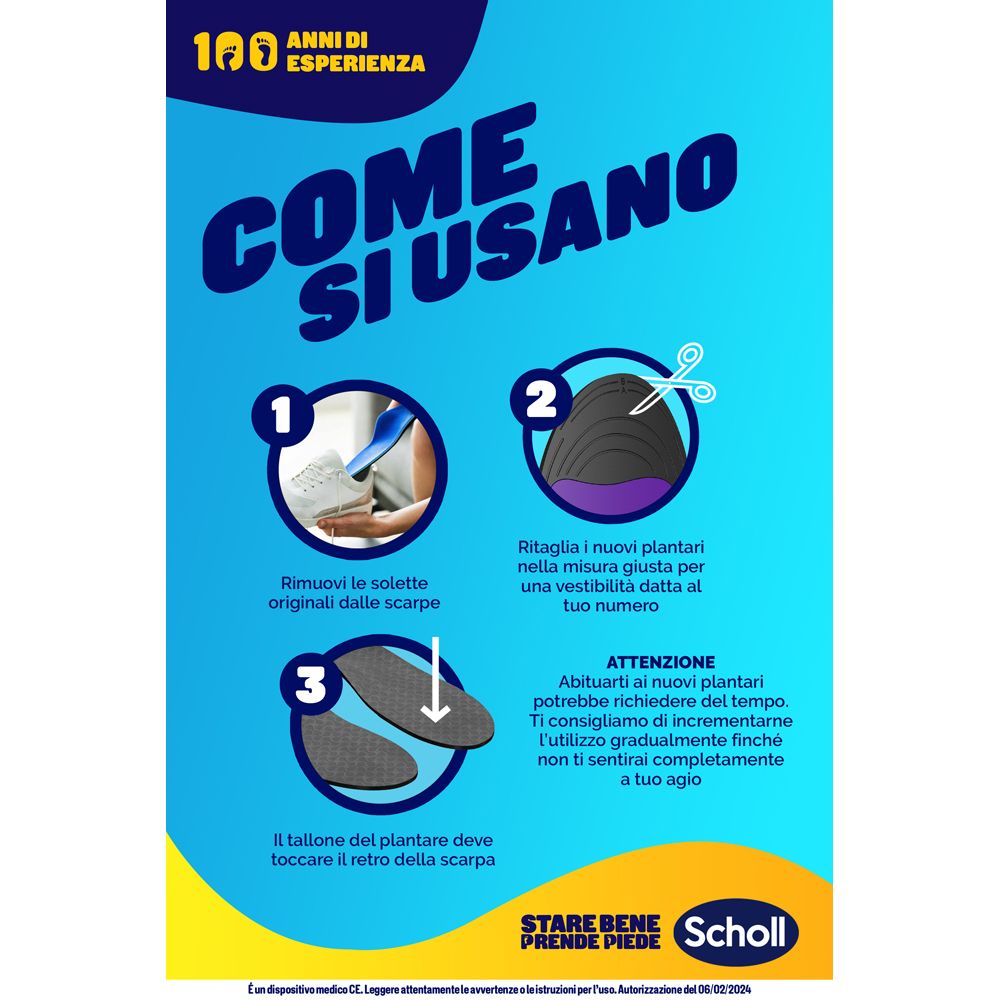Istruzioni per l'uso delle solette. Testo: Come si usano. Marchio Scholl.