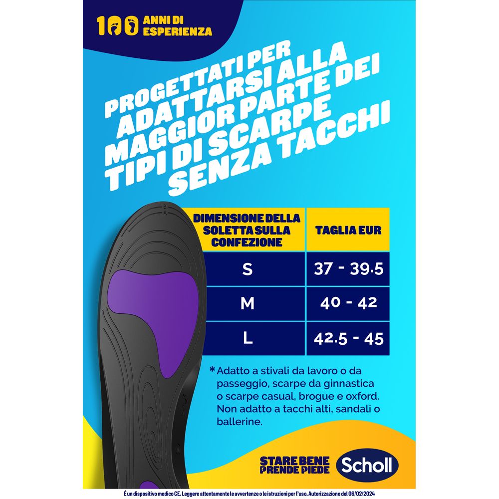 Tabella delle taglie per solette. Taglie S, M, L. Marchio Scholl.