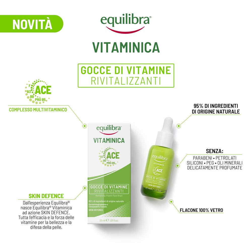 Immagine pubblicitaria. Flacone e confezione. Testo: Equilibra Vitaminica, Gocce di Vitamine Rivitalizzanti, ACE, Skin Defence.