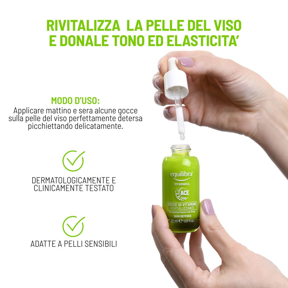 Flacone con contagocce. Testo: Equilibra Vitaminica, Gocce di Vitamine Rivitalizzanti, Skin Defence, 30 ml.