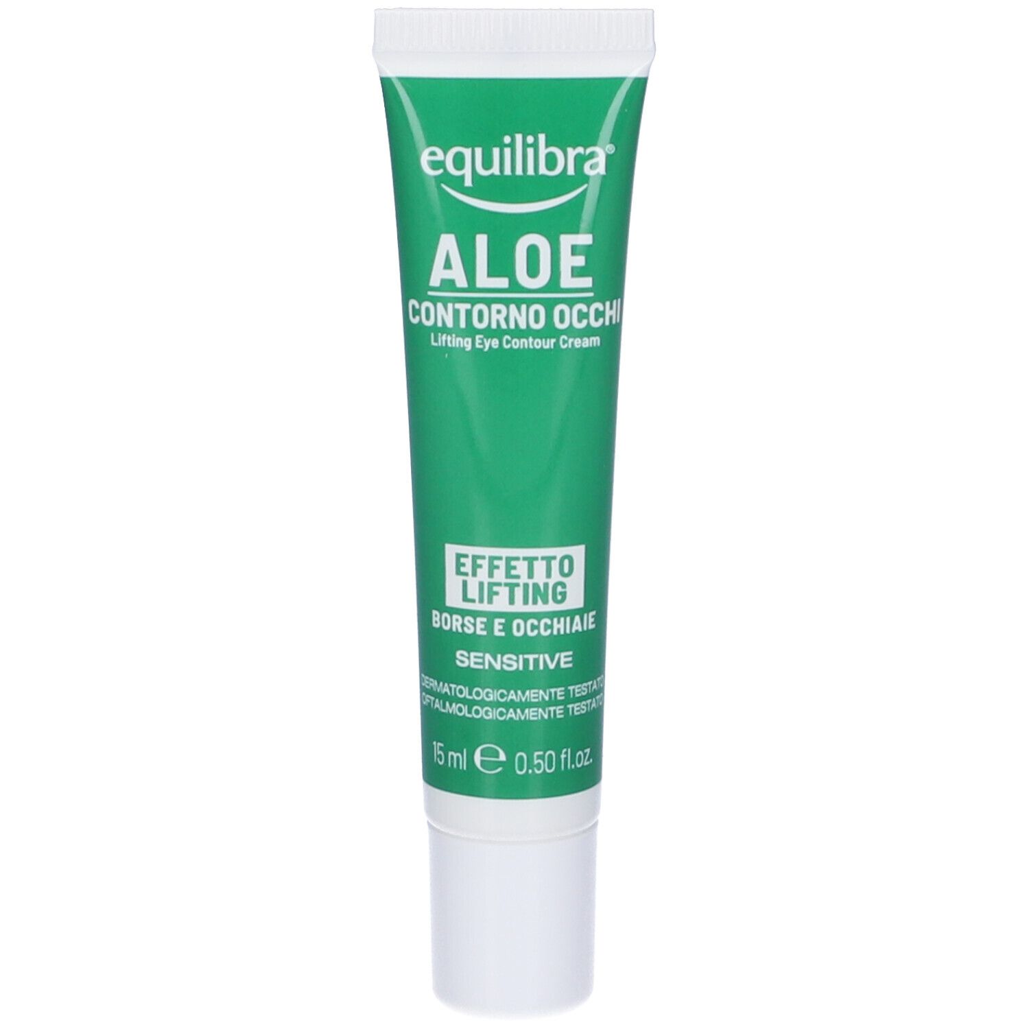 Tubo verde con tappo bianco. Testo: Equilibra Aloe Contorno Occhi, Lifting Eye Contour Cream, Effetto Lifting, Sensitive. 15 ml.