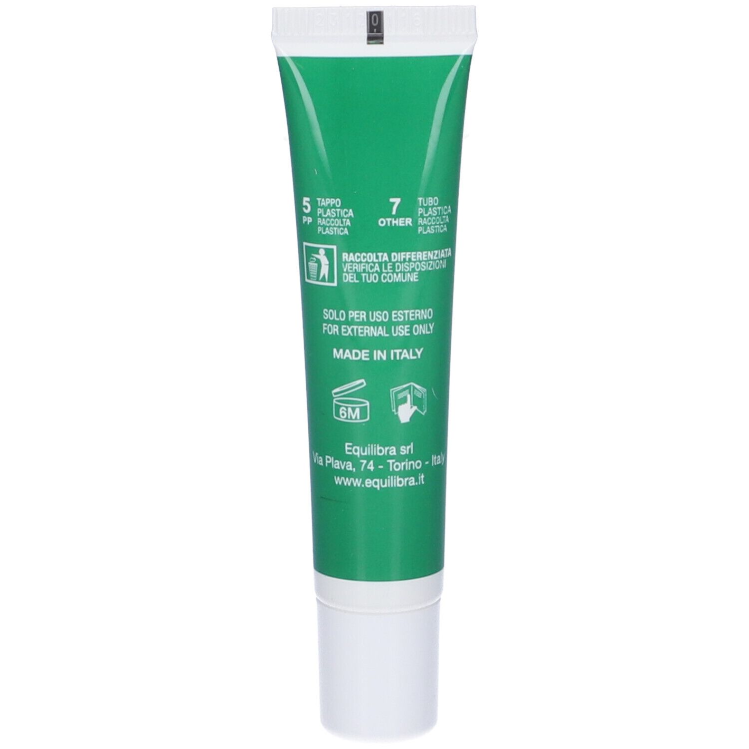 Retro del tubo verde. Testo: Per uso esterno. Made in Italy. Simboli di riciclaggio. Logo Equilibra.