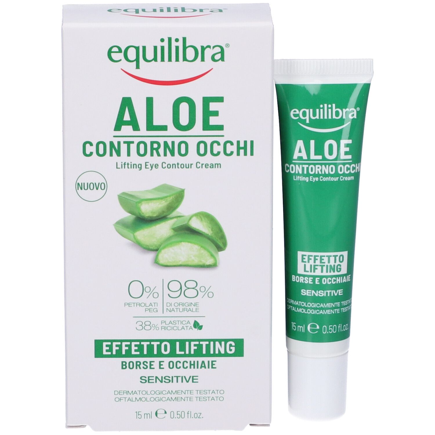 Confezione e tubo. Confezione: bianca con testo verde: Equilibra Aloe Contorno Occhi, Lifting Eye Contour Cream. Tubo: verde.