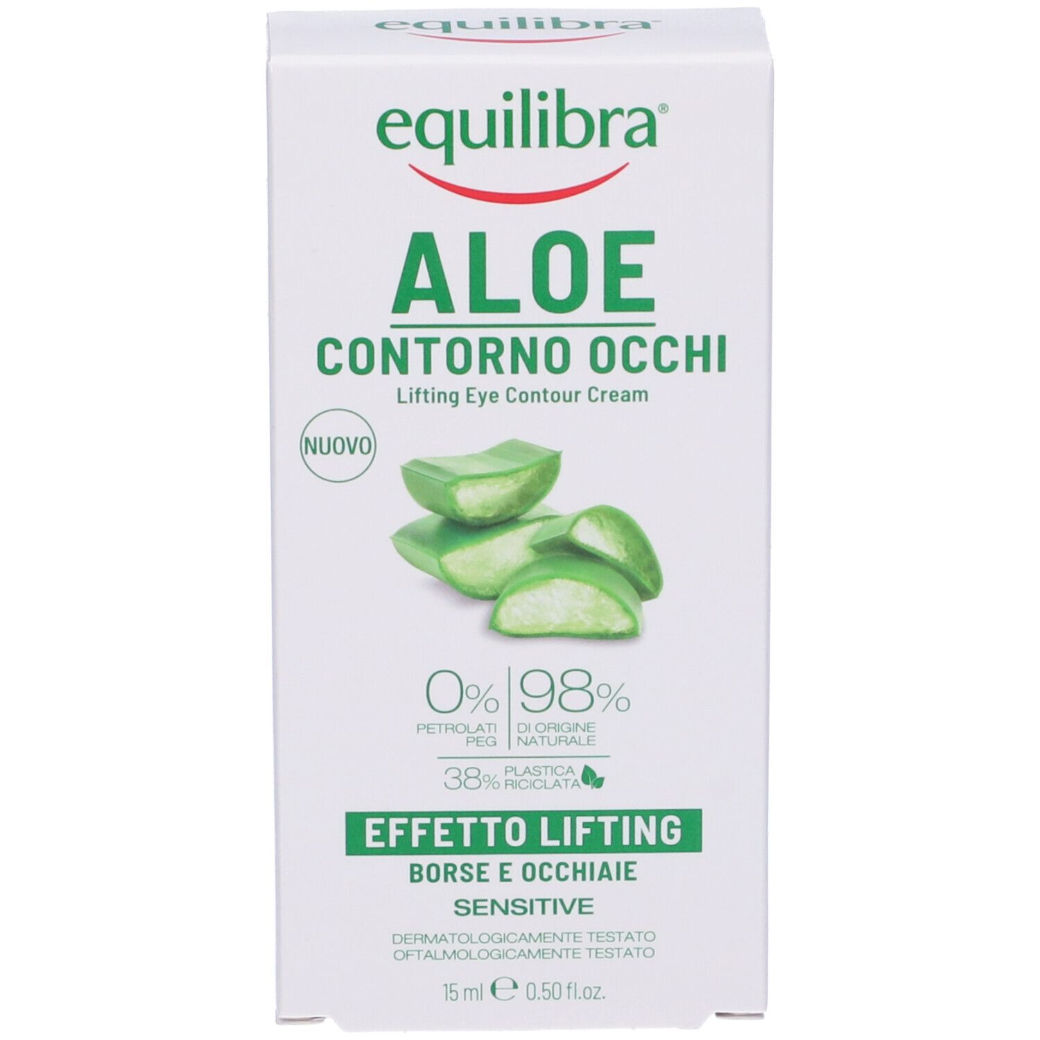 Confezione bianca. Testo: Equilibra Aloe Contorno Occhi, Lifting Eye Contour Cream. Immagine di foglie di aloe. Effetto Lifting.