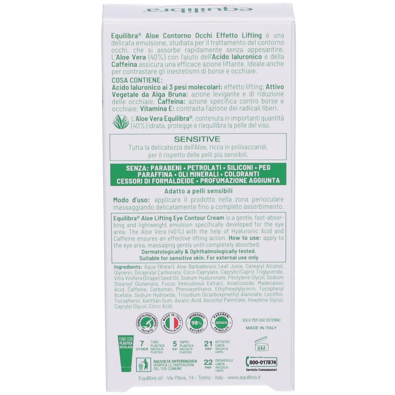 Retro della confezione. Testo: Equilibra Aloe Contorno Occhi. Ingredienti, istruzioni per l'uso. Certificazioni e loghi.
