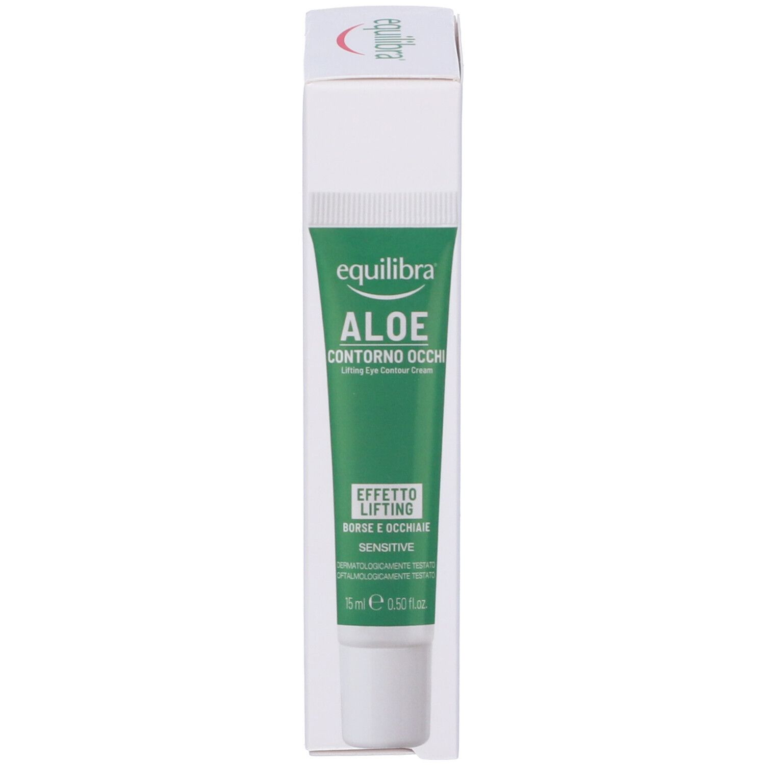 Tubo nella confezione. Confezione: bianca con testo verde. Tubo: verde con tappo bianco. Testo: Equilibra Aloe Contorno Occhi.