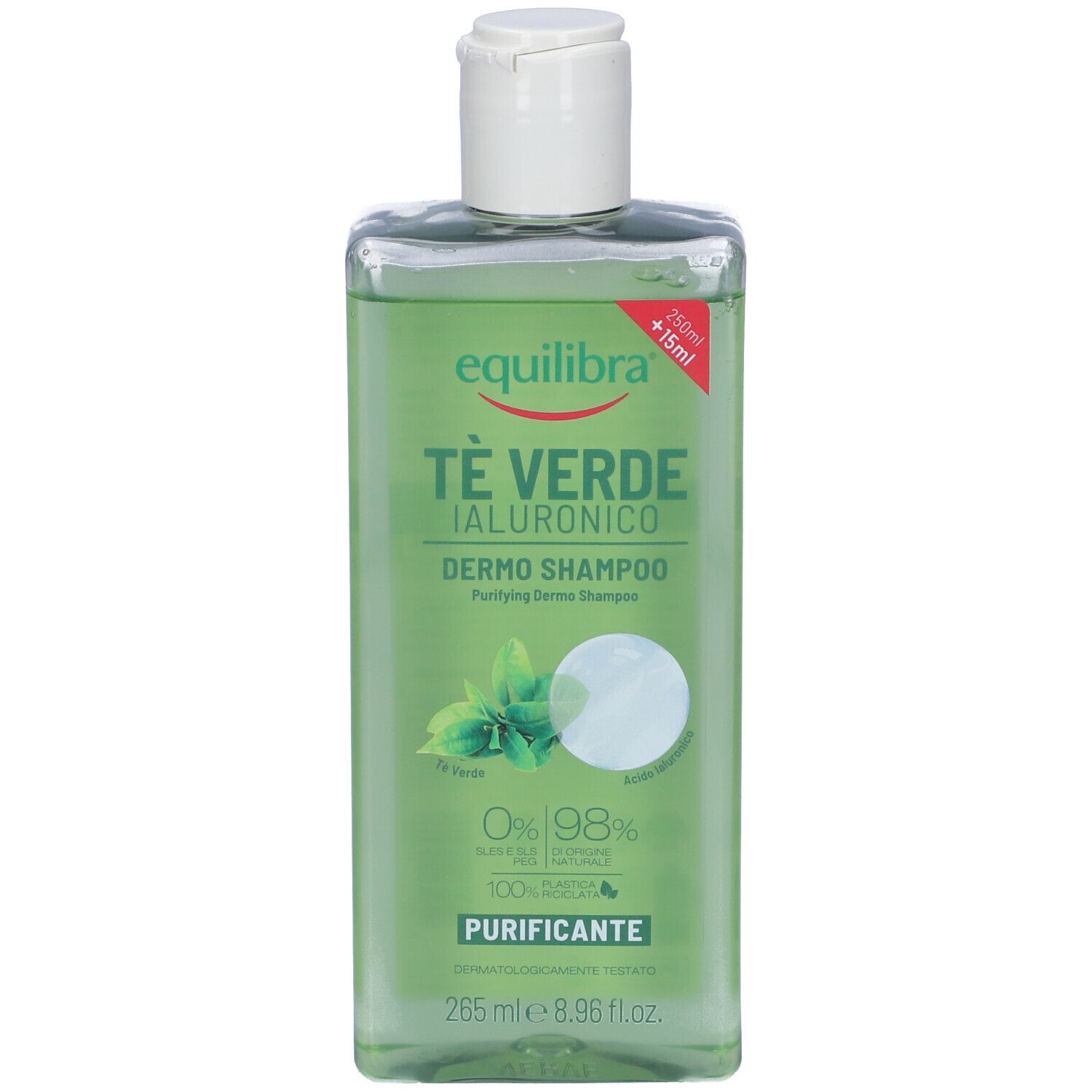 Flacone di shampoo verde con tappo bianco. Etichetta con nome del prodotto e ingredienti. 265 ml.