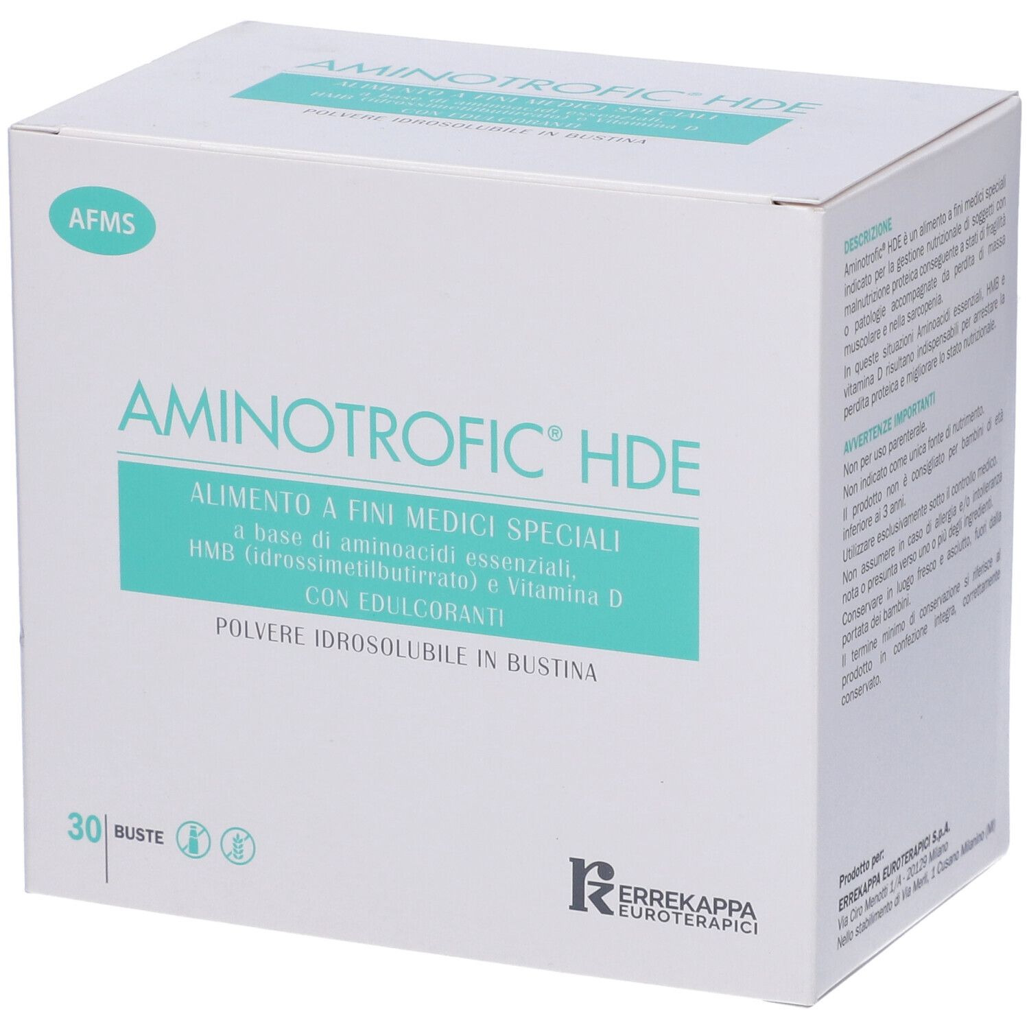 Scatola Aminotrofic HDE. Scritta: alimento a fini medici speciali, HMB, vitamina D. 30 bustine. Logo del produttore.