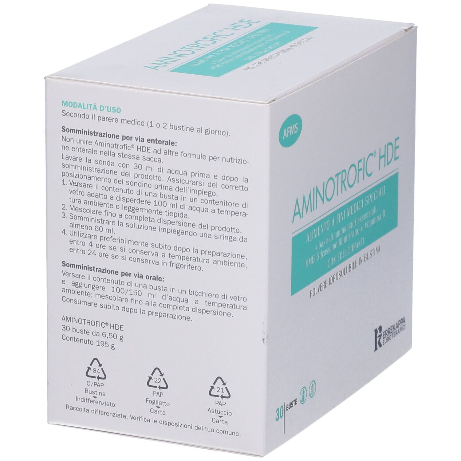Scatola Aminotrofic HDE. Scritta: alimento a fini medici speciali. Retro con istruzioni e ingredienti. 30 bustine.