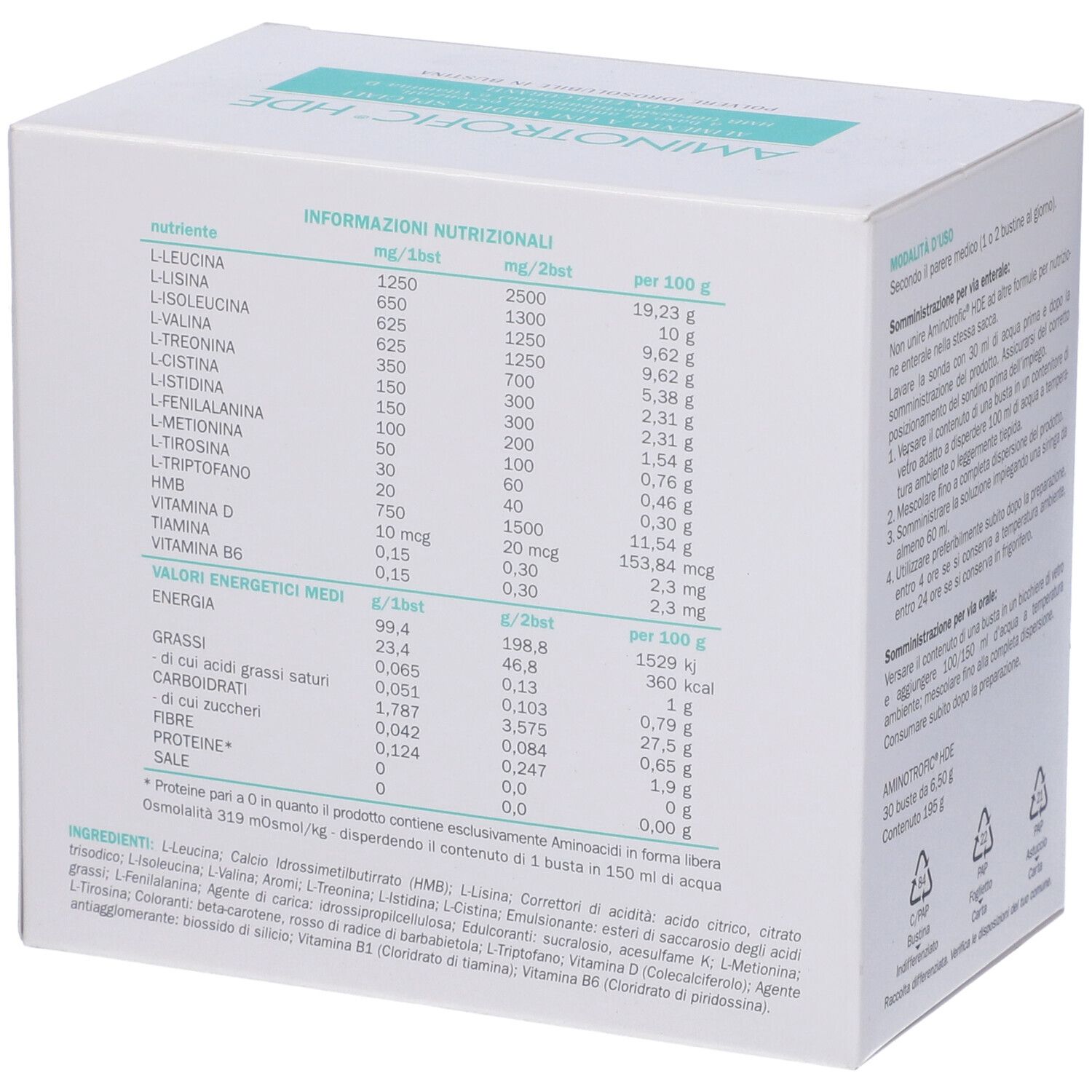 Scatola Aminotrofic HDE. Informazioni nutrizionali sul retro. Contiene aminoacidi, vitamine ed energia. Logo del produttore.