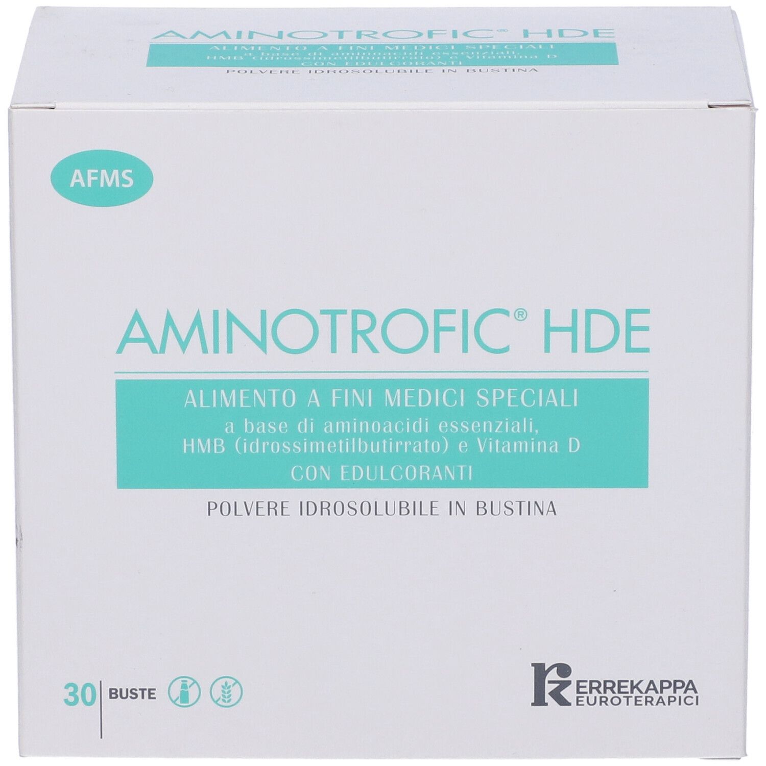 Scatola Aminotrofic HDE. Scritta: alimento a fini medici speciali, HMB, vitamina D. 30 bustine. Logo del produttore.