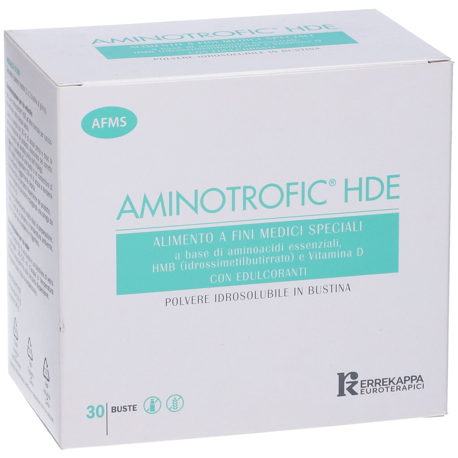 Scatola Aminotrofic HDE. Scritta: alimento a fini medici speciali, HMB, vitamina D. 30 bustine. Logo del produttore.