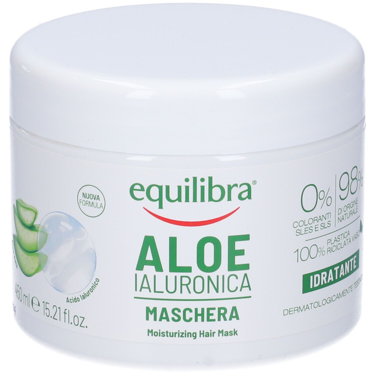Vaso bianco con coperchio. Scritta: Equilibra Aloe Ialuronica Maschera. Illustrazione aloe vera.