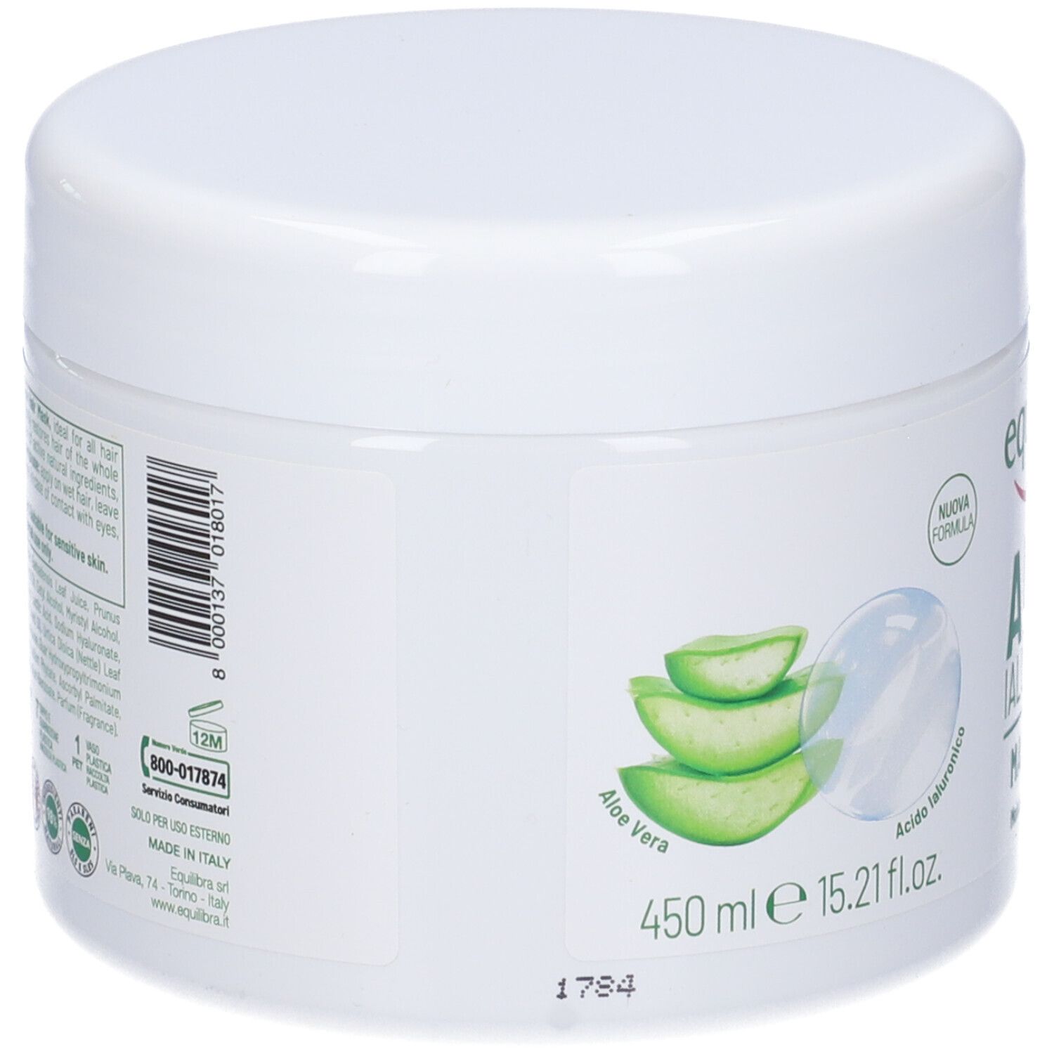 Vaso bianco con coperchio. Scritta: Equilibra Aloe Ialuronica. Illustrazione aloe vera e testo.