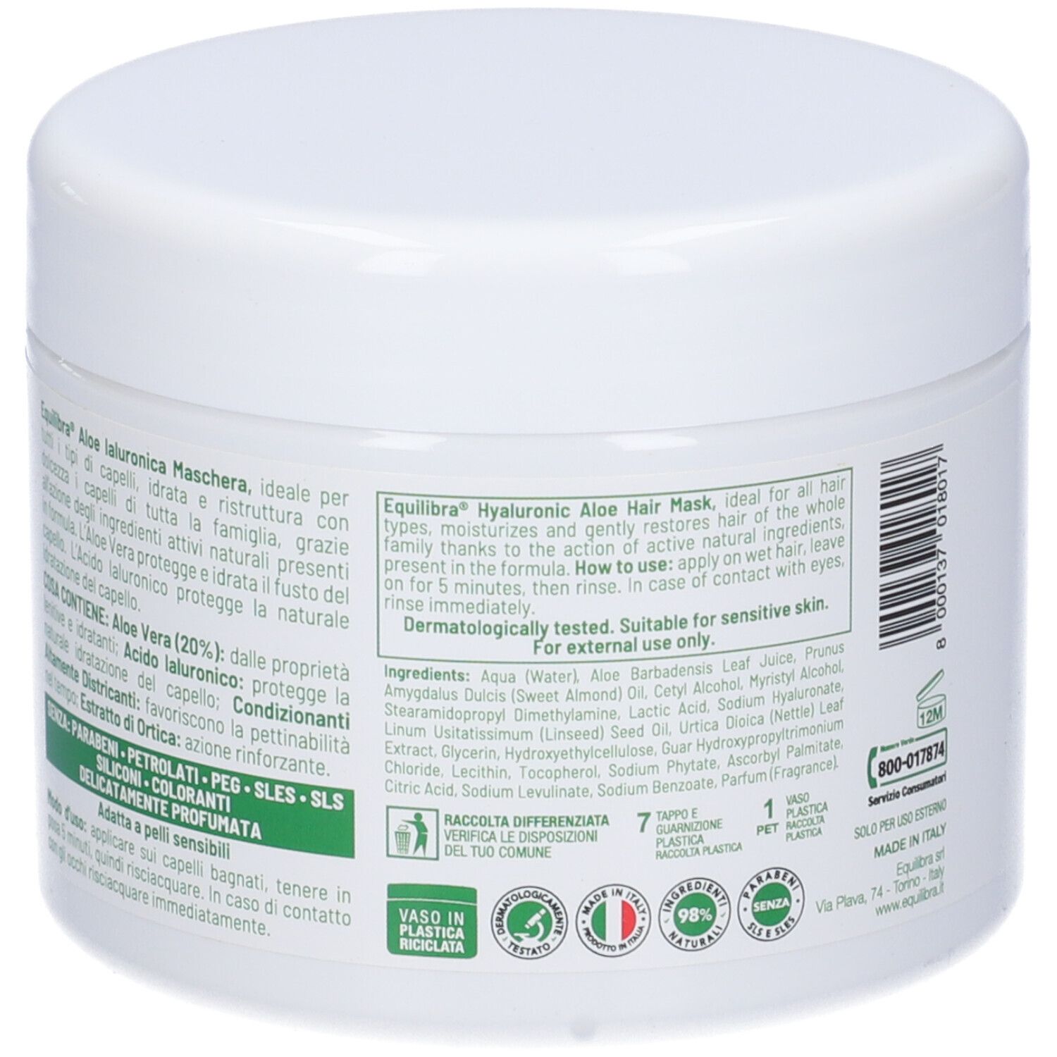 Vaso bianco con coperchio. Testo sul retro: Equilibra Aloe Ialuronica Maschera. Ingredienti e uso.