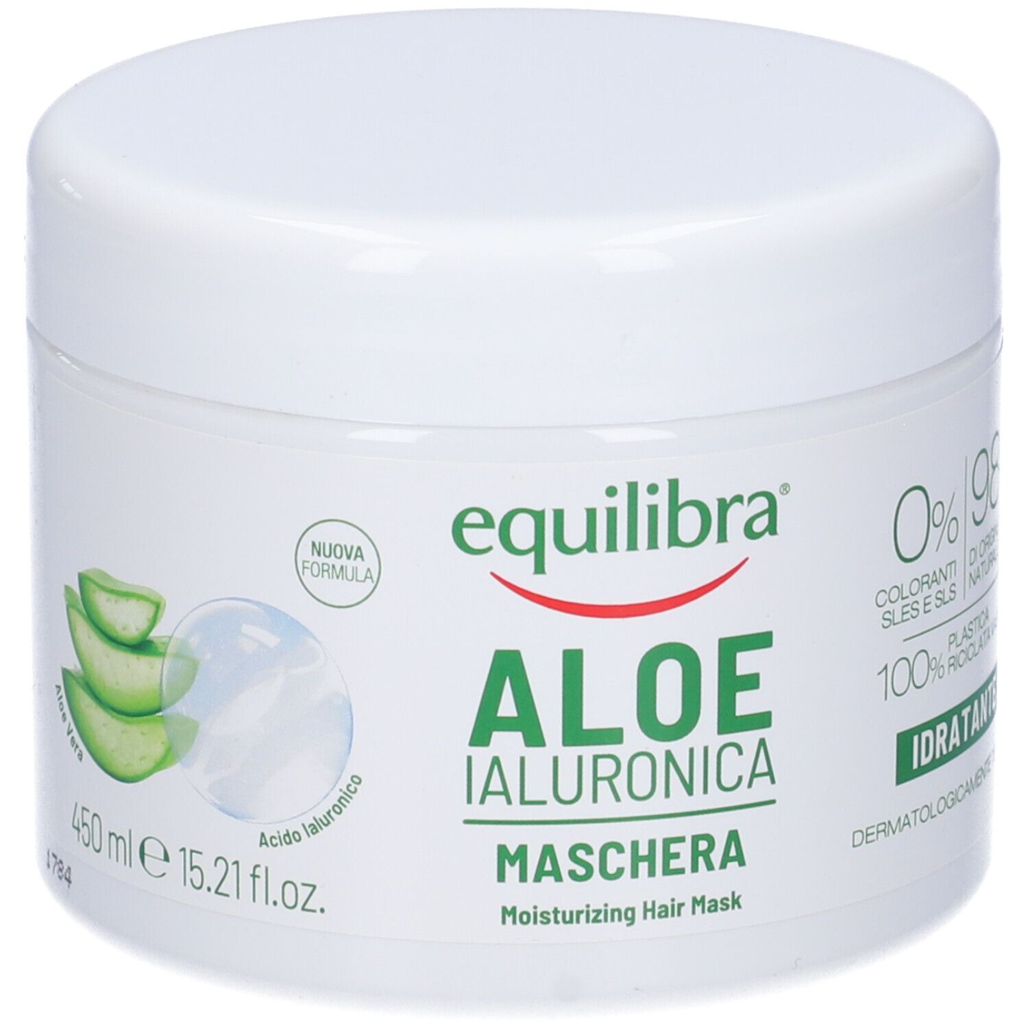 Vaso bianco con coperchio. Scritta: Equilibra Aloe Ialuronica Maschera. Illustrazione aloe vera e testo.