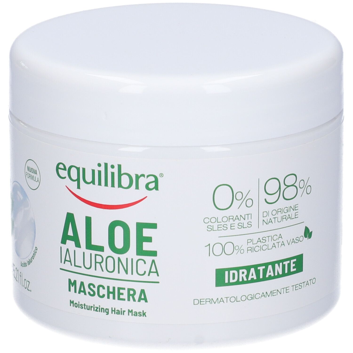 Vaso bianco con coperchio. Scritta: Equilibra Aloe Ialuronica Maschera. Testo e loghi.