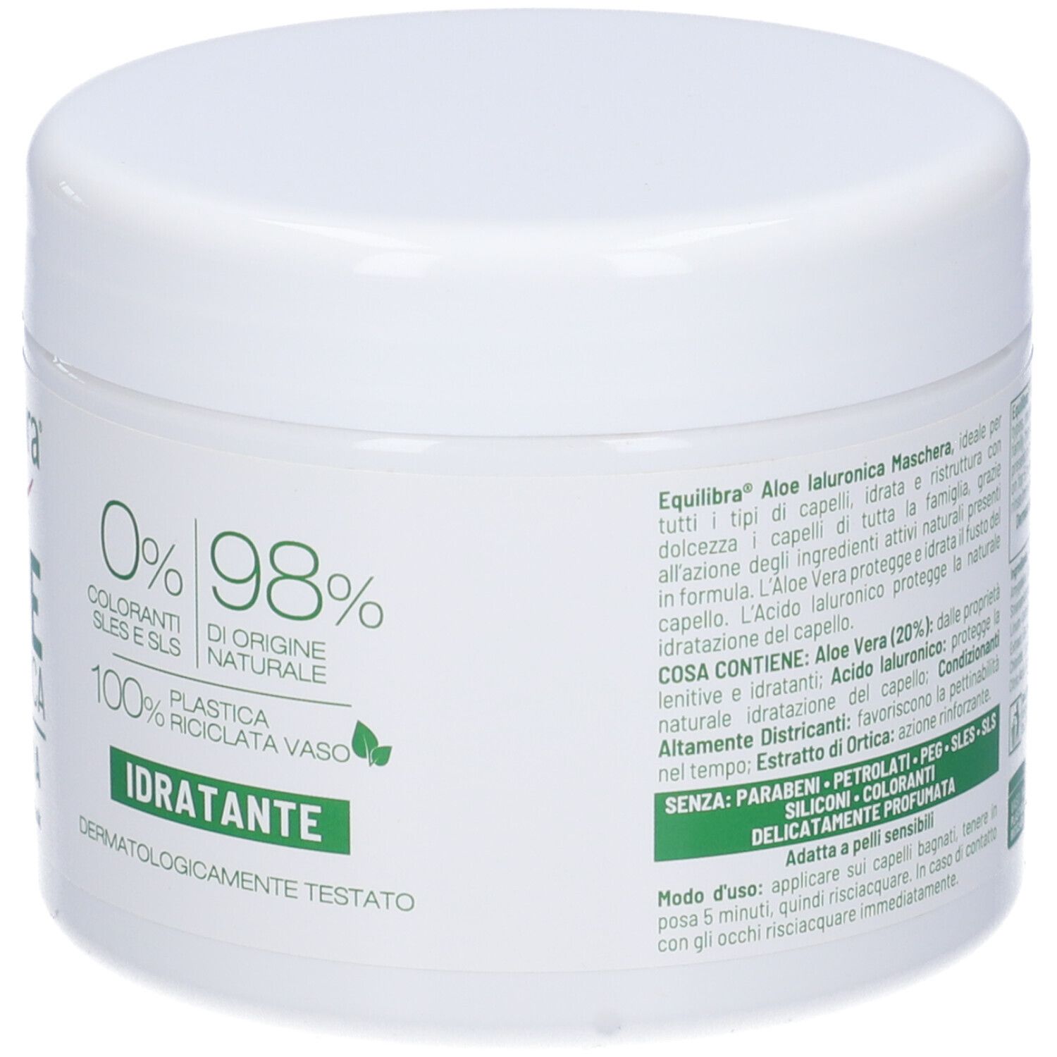 Vaso bianco con coperchio. Scritta: Equilibra Aloe Ialuronica Maschera. Testo, loghi e ingredienti.