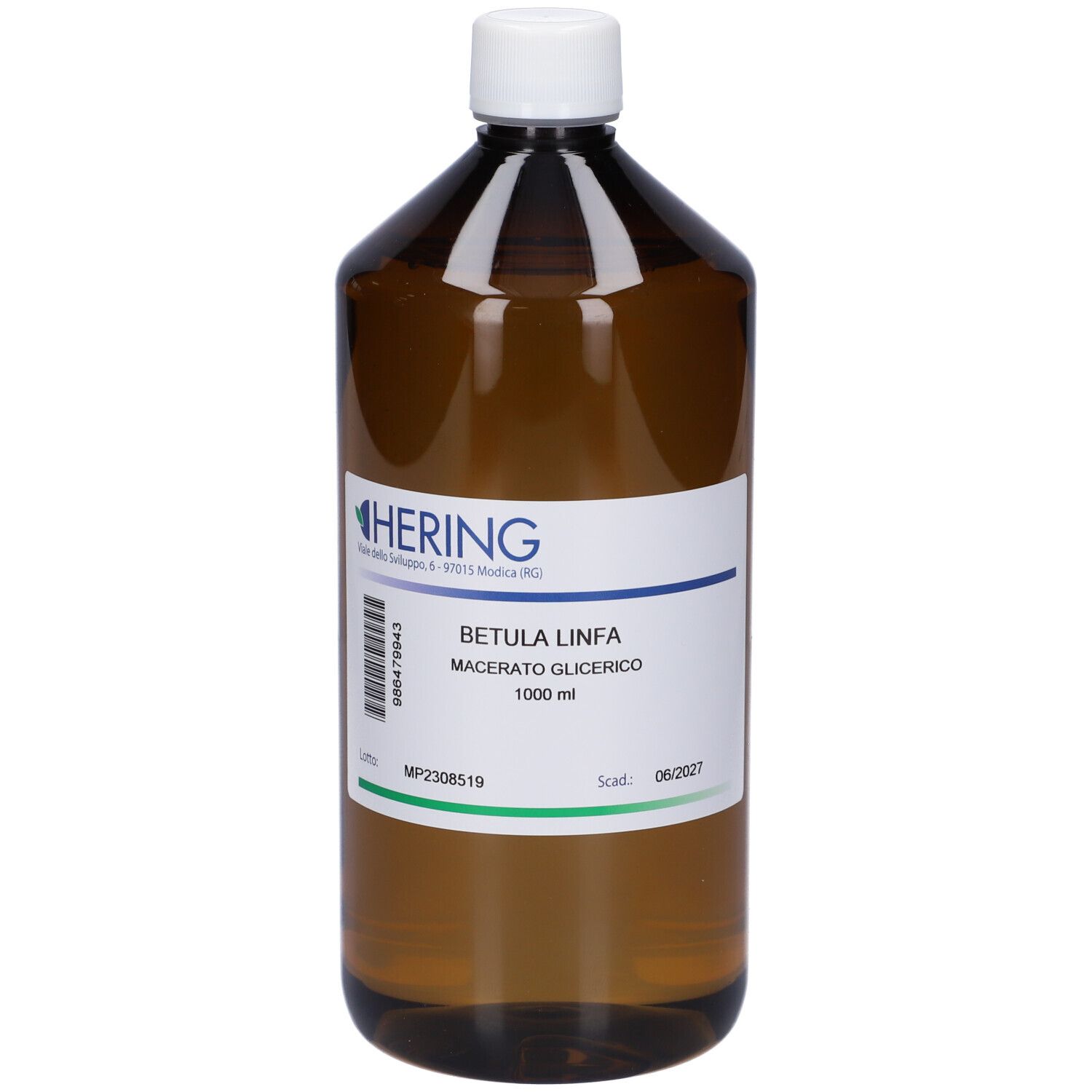 Bottiglia marrone con tappo bianco. Etichetta con informazioni sul prodotto: HERING, Betula Linfa Macerato Glicerico, 1000 ml.