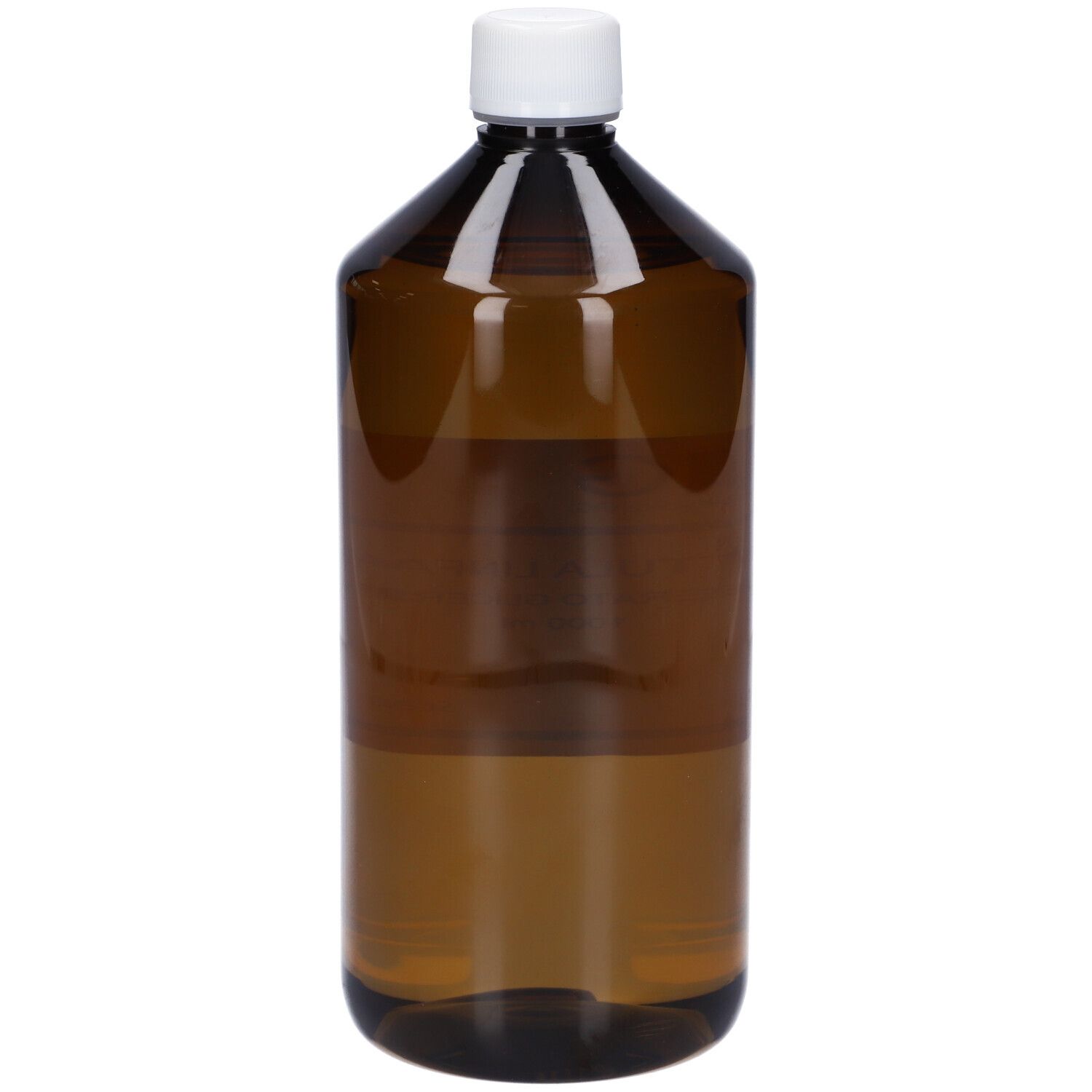 Bottiglia marrone con tappo bianco. Liquido visibile. Nessun altro dettaglio.