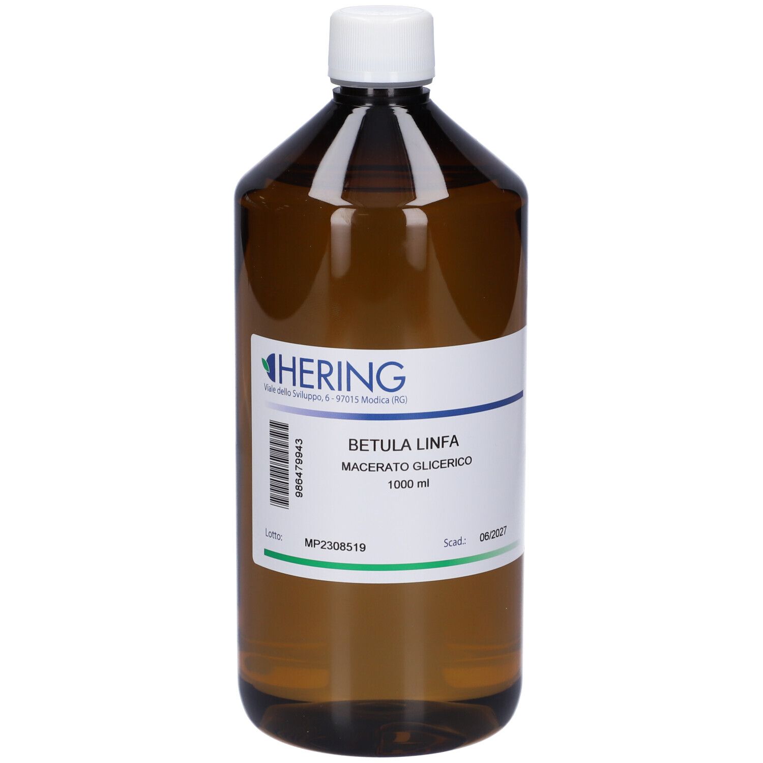 Bottiglia marrone con tappo bianco. Etichetta con informazioni sul prodotto: HERING, Betula Linfa Macerato Glicerico, 1000 ml.