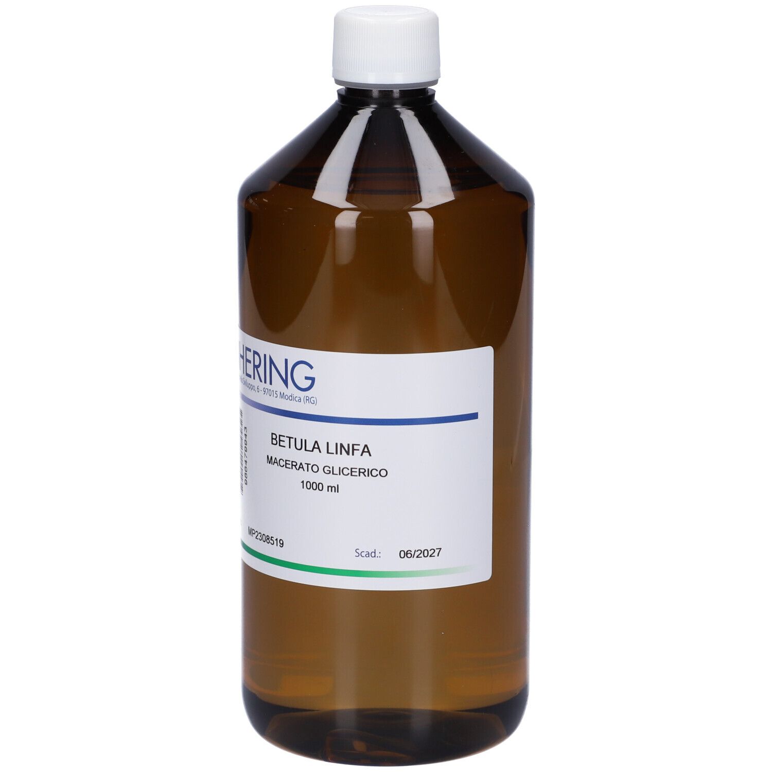 Bottiglia marrone con tappo bianco. Etichetta con informazioni sul prodotto: HERING, Betula Linfa Macerato Glicerico, 1000 ml.