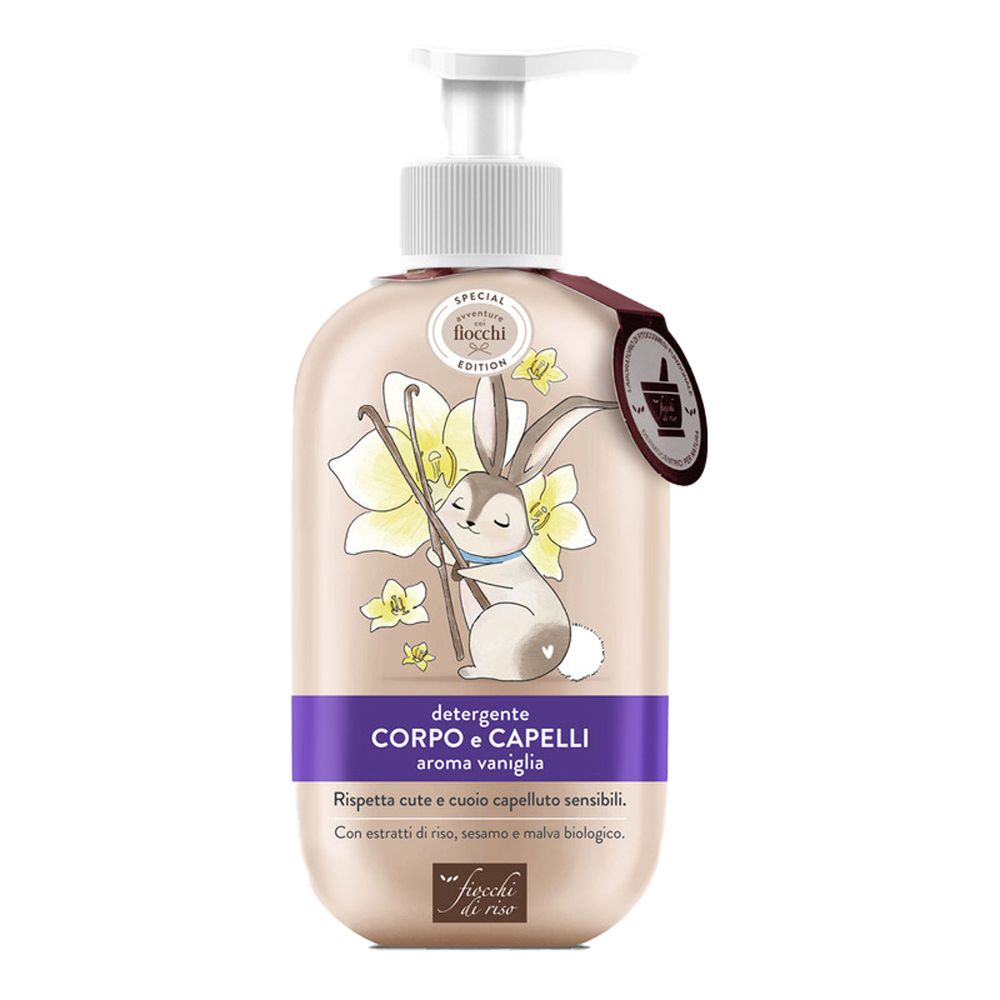 Flacone beige con dosatore. Adesivo con coniglio, fiore e testo. Fascia viola con testo. Etichetta con logo.