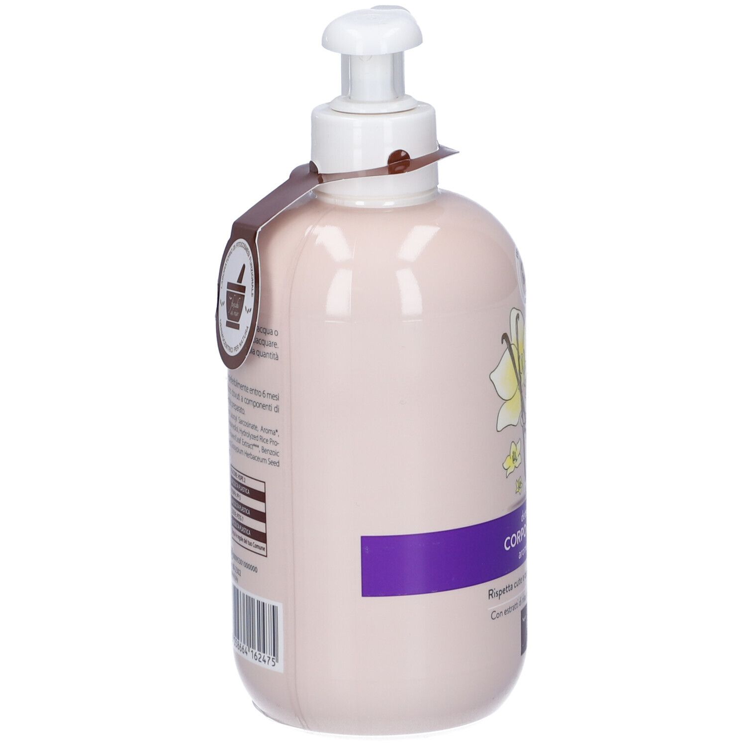 Flacone beige con dosatore. Adesivo con coniglio, fiore e testo. Fascia viola con testo. Etichetta con logo.