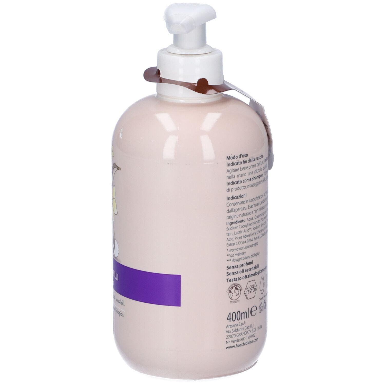 Flacone beige con dosatore. Retro con testo ed etichetta. Etichetta pendente marrone. Indicazione 400ml.